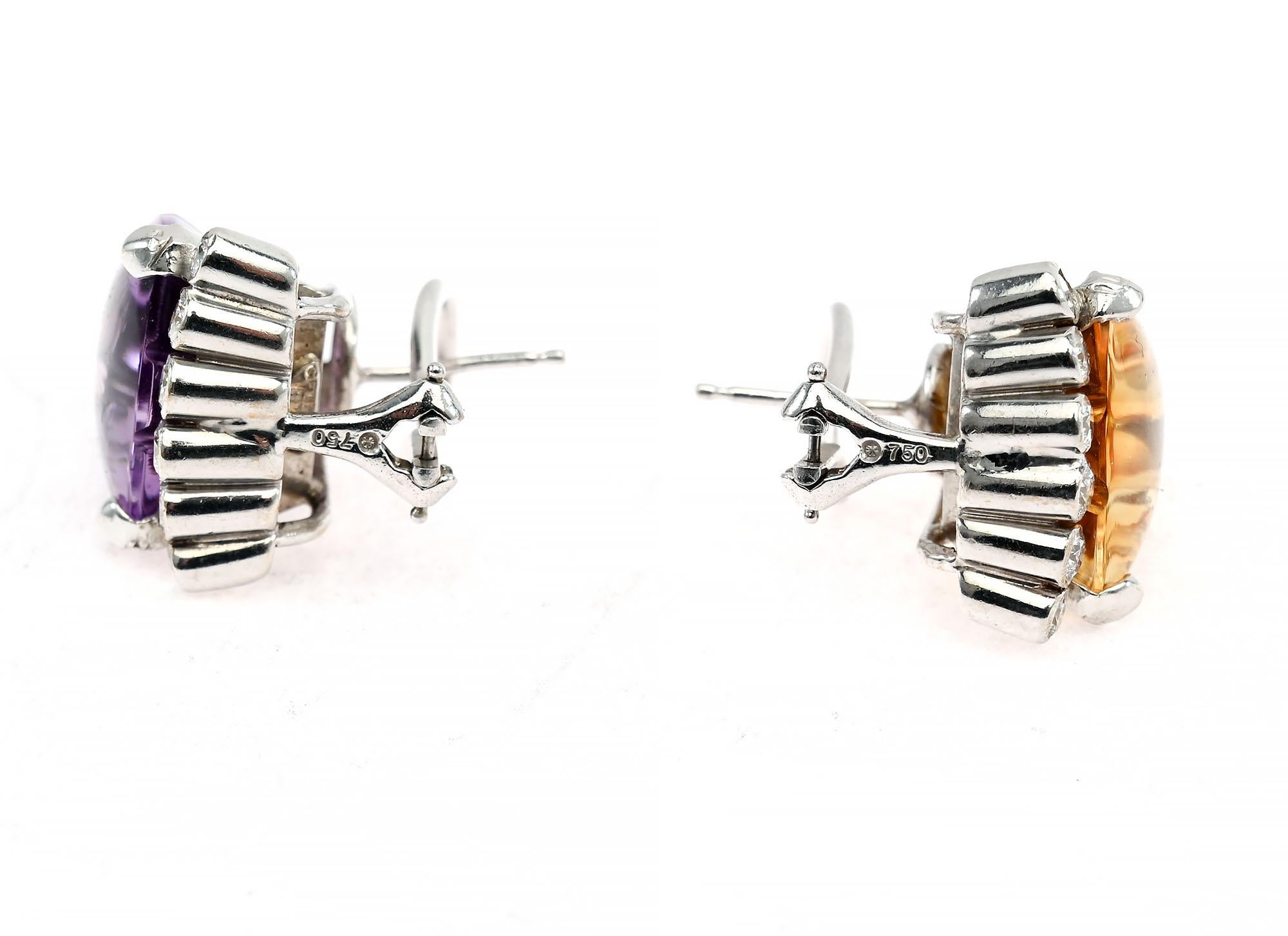 Cabochon Cellino Fraternal Twins Amethyst and Citrine Earrings For Sale