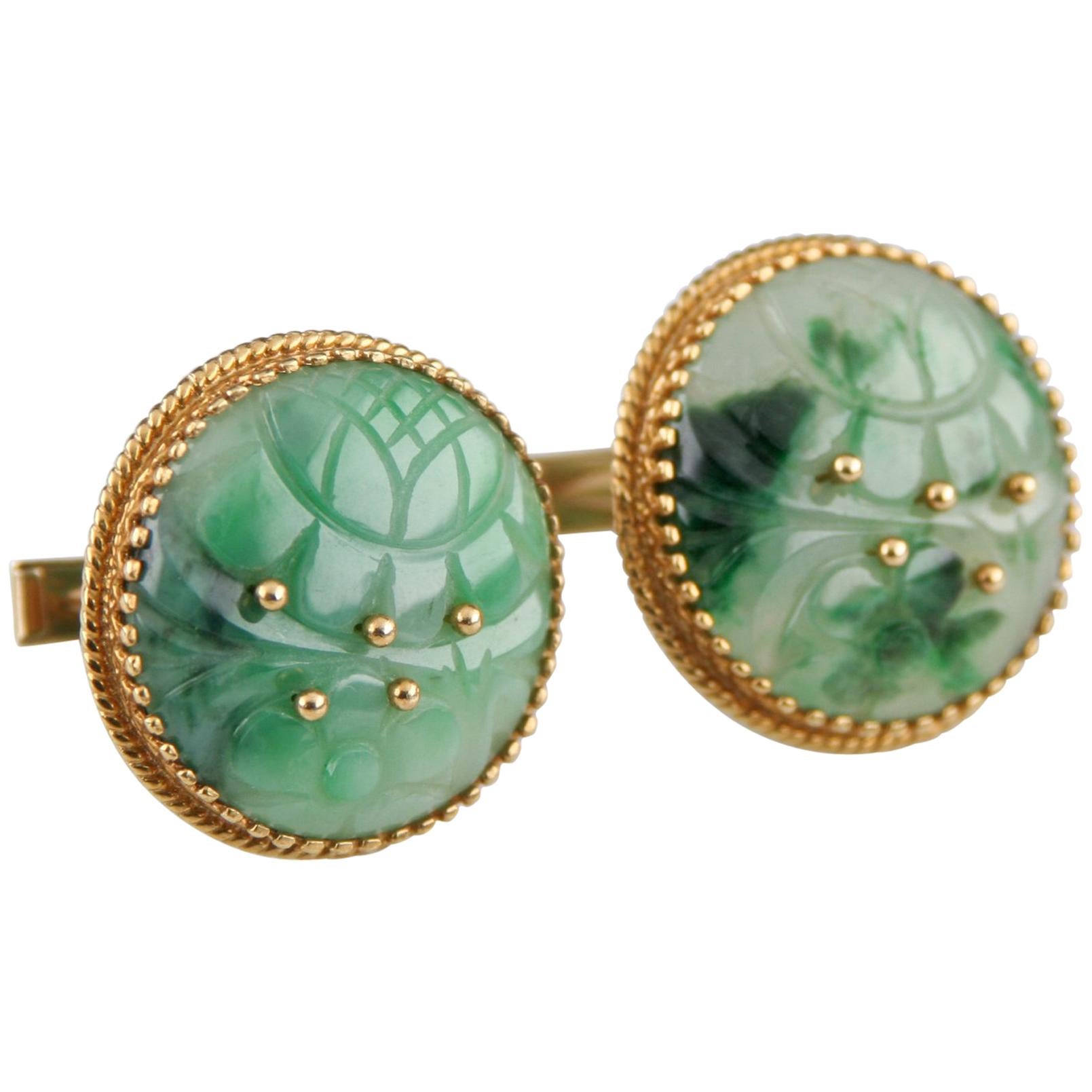 Cellino Imperial Jade 18 Karat and 14 Karat Round Yellow Gold Cufflinks