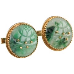 Vintage Cellino Imperial Jade 18 Karat and 14 Karat Round Yellow Gold Cufflinks