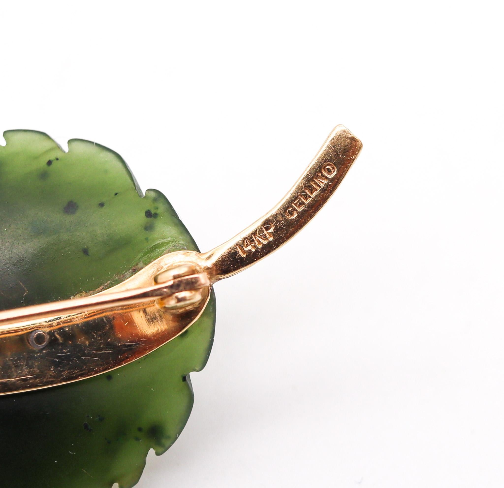 Taille ronde Cellino Italie 1960 Broche grenouille en or jaune 14 carats avec rubis et jade néphrite