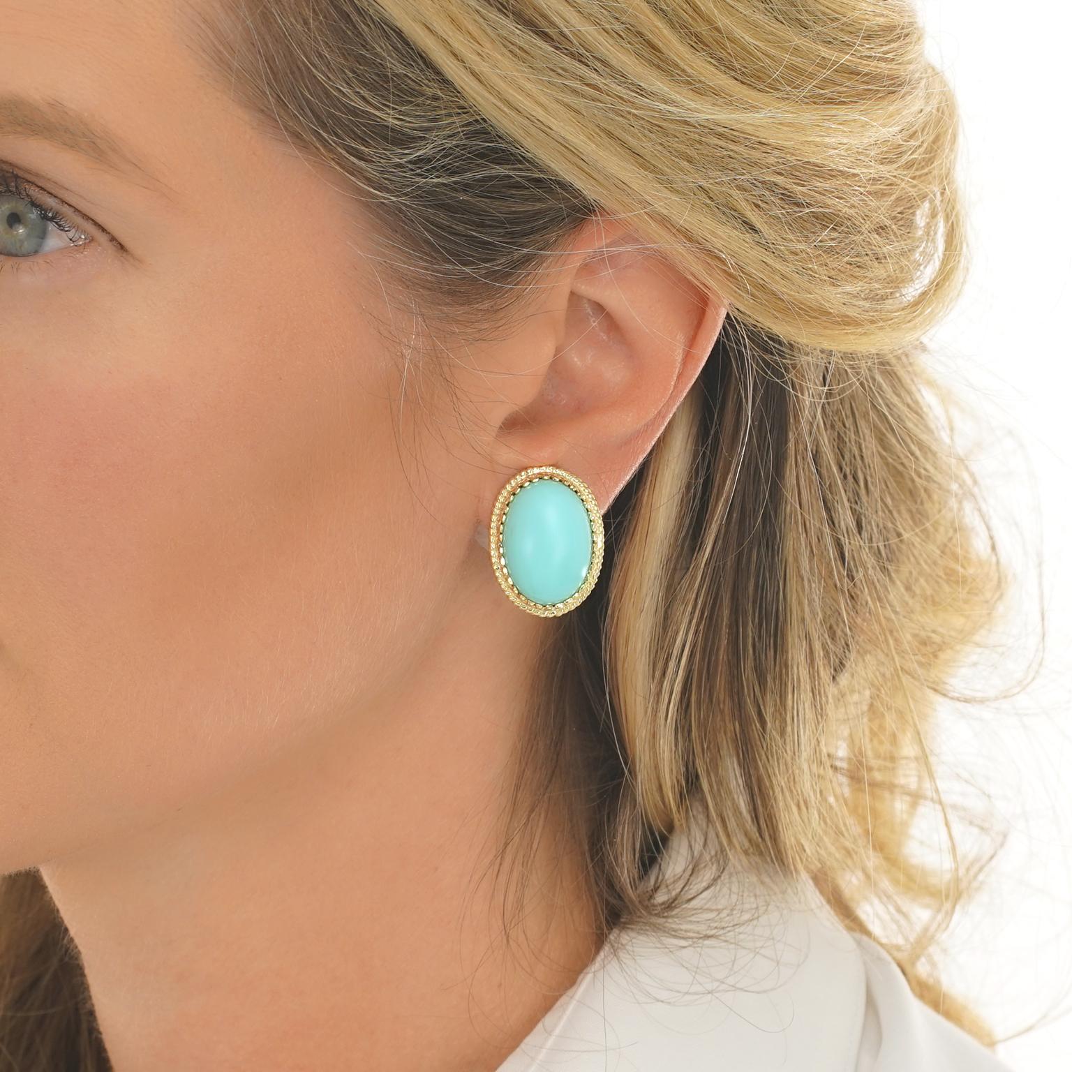 Oval Cut Cellino Persian Turquoise-Set Gold Earrings