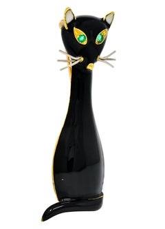 Cellino Retro Black Enamel Emerald 18 Karat Gold Cat Brooch