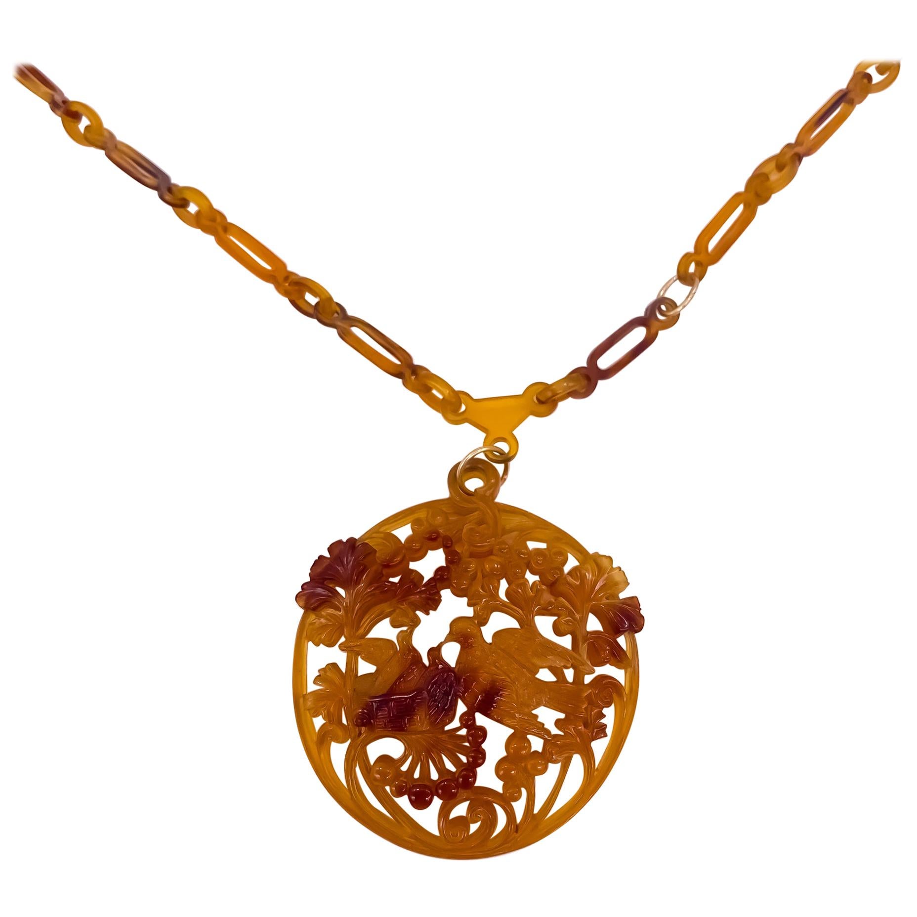 Celluloid Crafted Necklace Circa 1900 w/ 14K Gold 