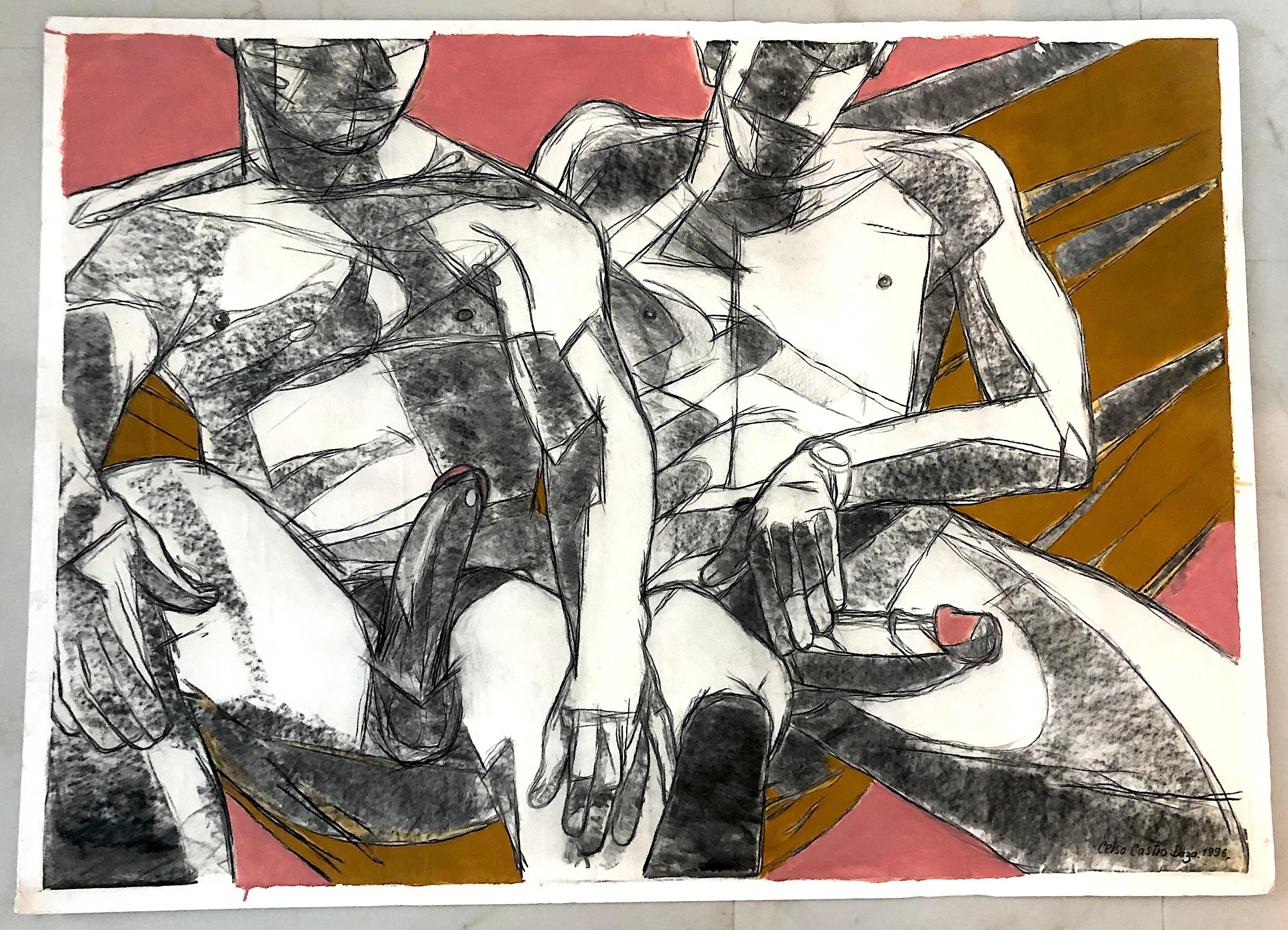 Deux nus masculins. Peinture.Pastel, crayon au carbone, encre sur papier d'archives monté  - Painting de Celso José Castro Daza
