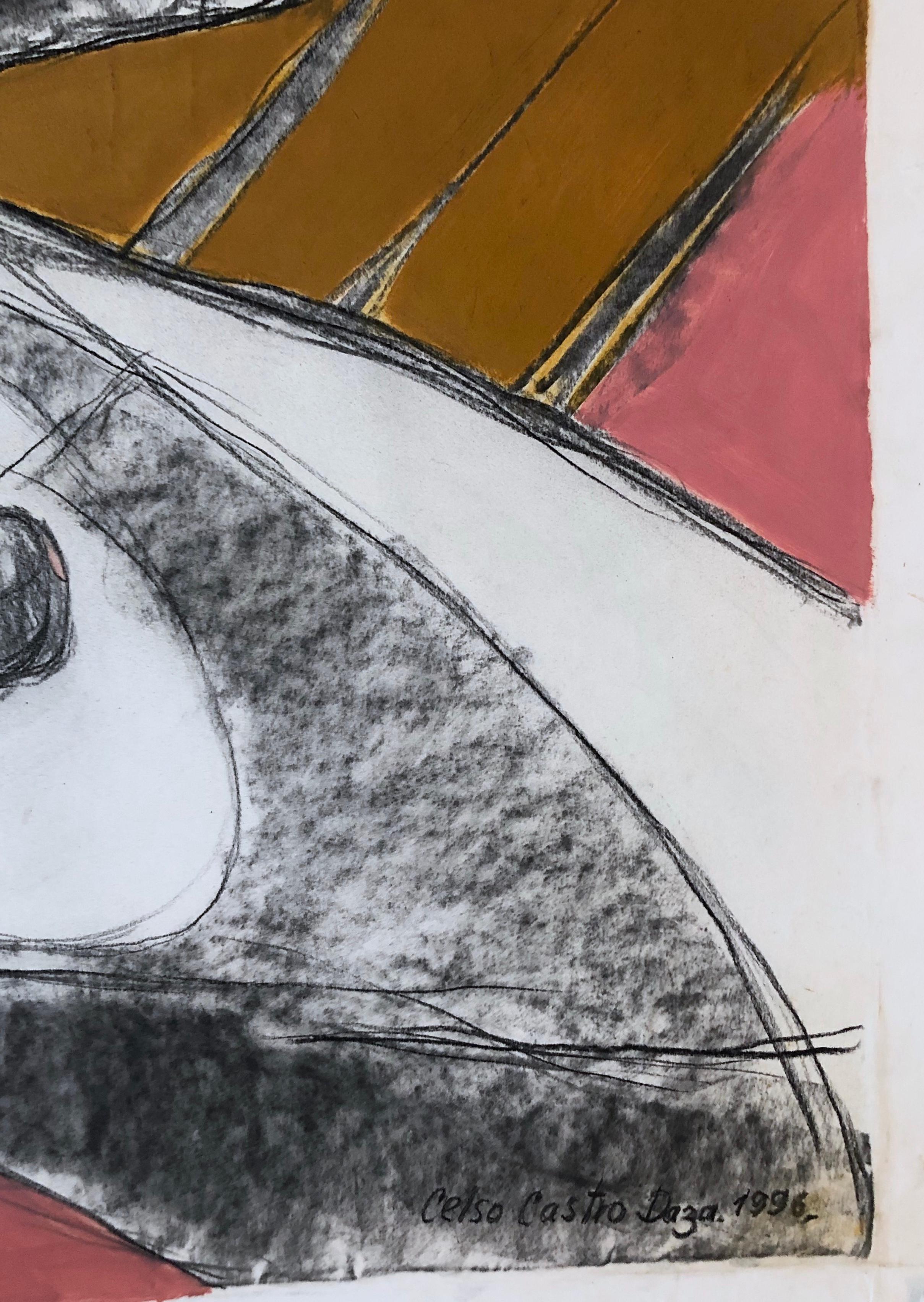 Deux nus masculins. Peinture.Pastel, crayon au carbone, encre sur papier d'archives monté  - Marron Figurative Painting par Celso José Castro Daza