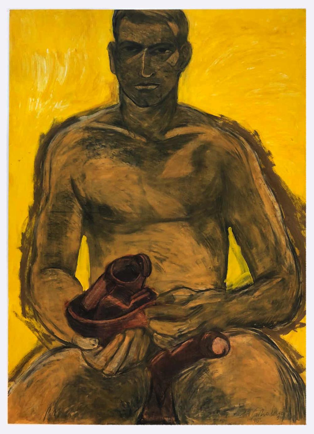 Figurative Painting Celso José Castro Daza - Nu jaune. Portrait. Peinture au pastel,  e crayon, encre sur papier d'archives monté