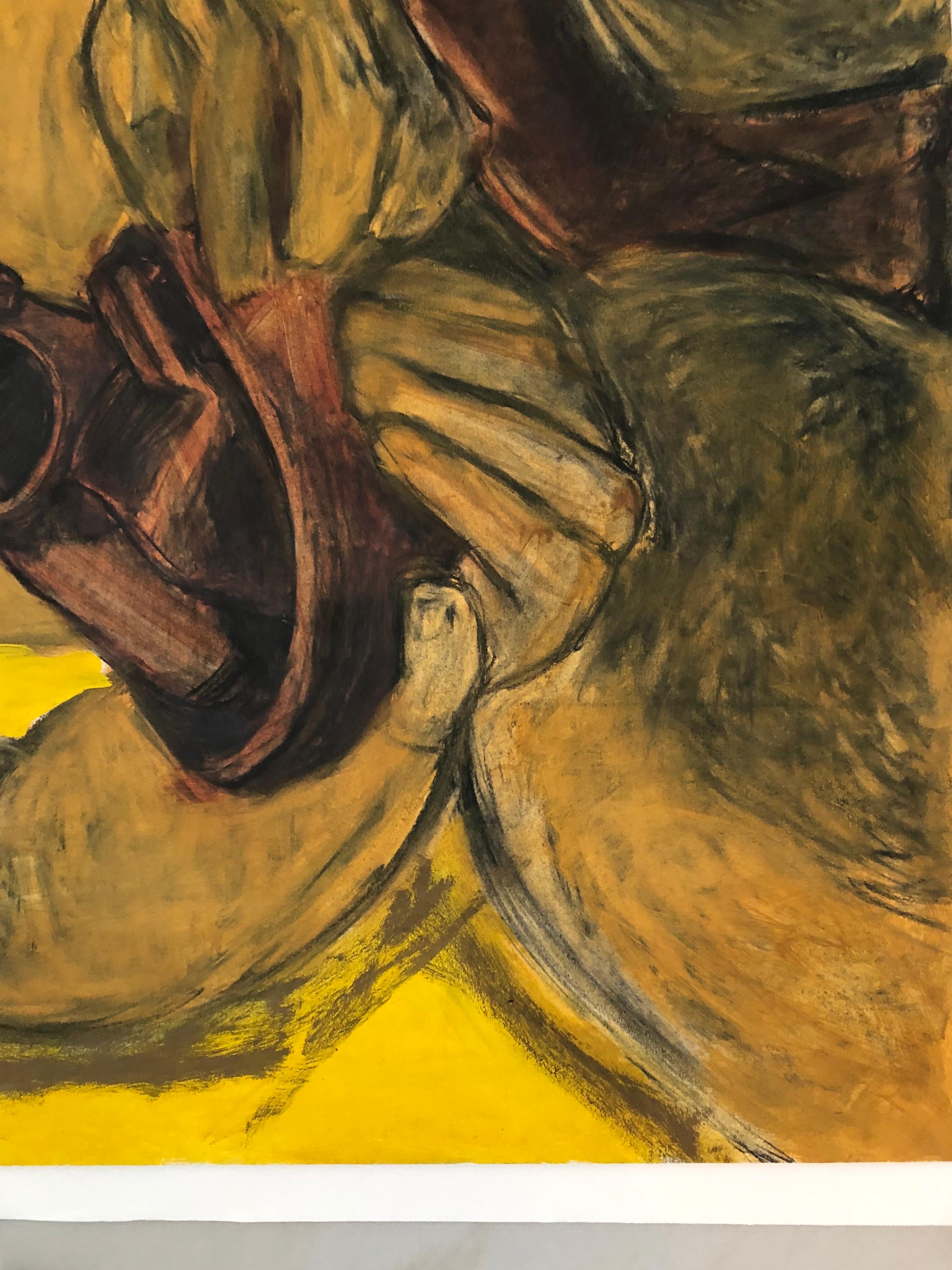 Nu jaune. Portrait. Peinture au pastel,  e crayon, encre sur papier d'archives monté - Marron Figurative Painting par Celso José Castro Daza