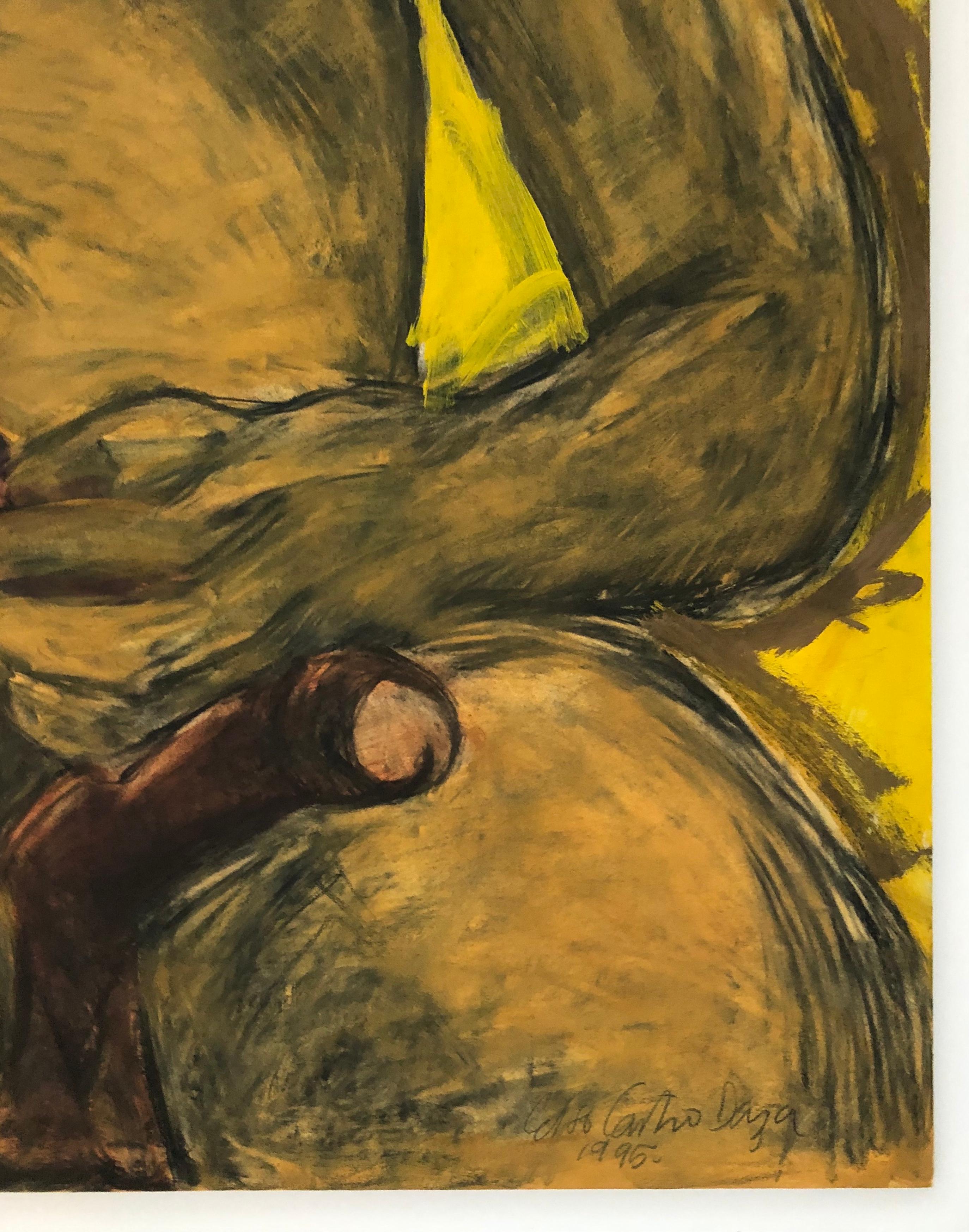 Yellow Nude. Portrait. Painting Pastel,  pencil, ink on archival paper mounted - Brown Figurative Painting by Celso José Castro Daza