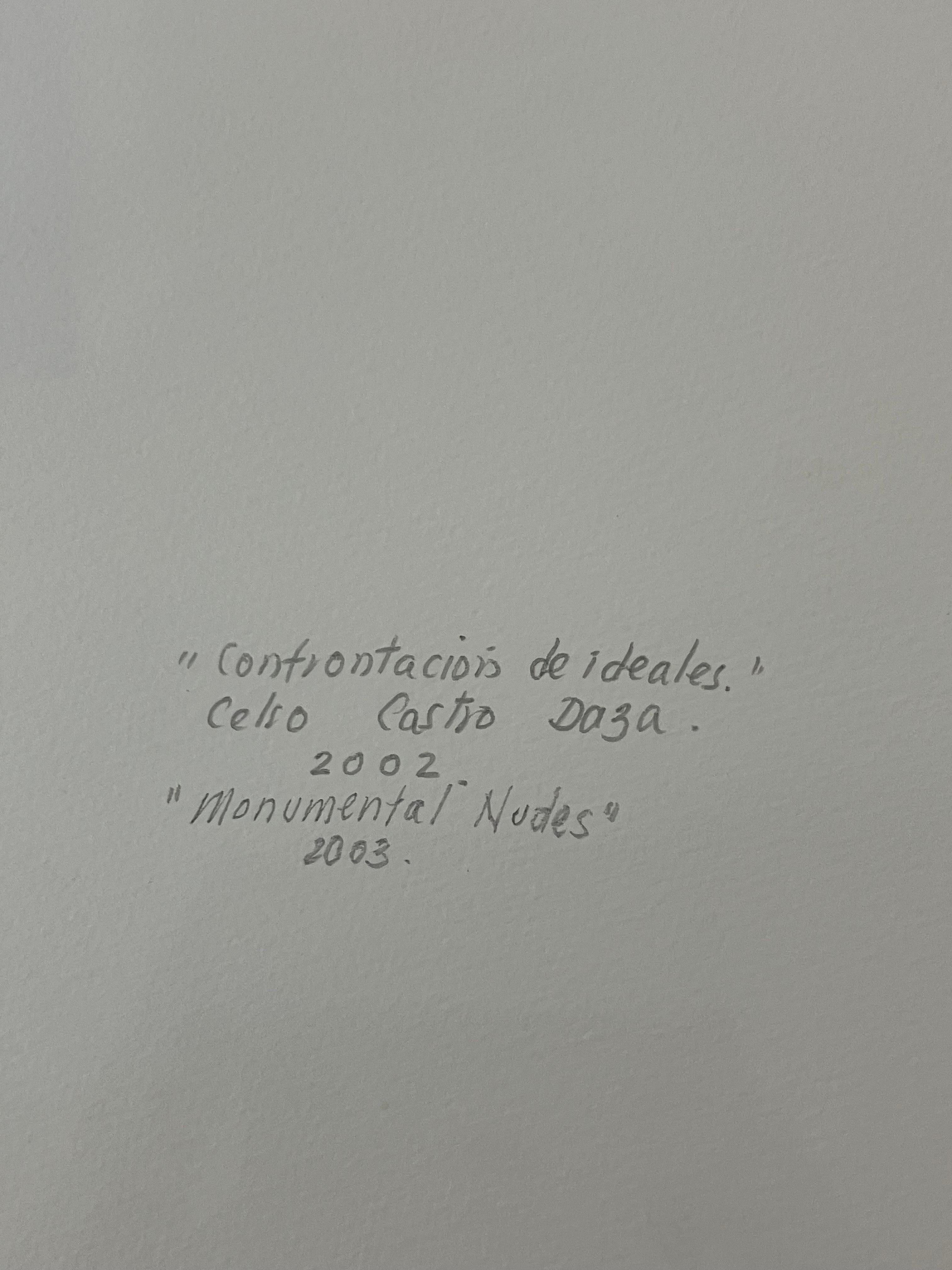 Konfrontation der Ideale. Aus der Serie Guerreros. Fotocollage (Grau), Nude Photograph, von Celso José Castro Daza