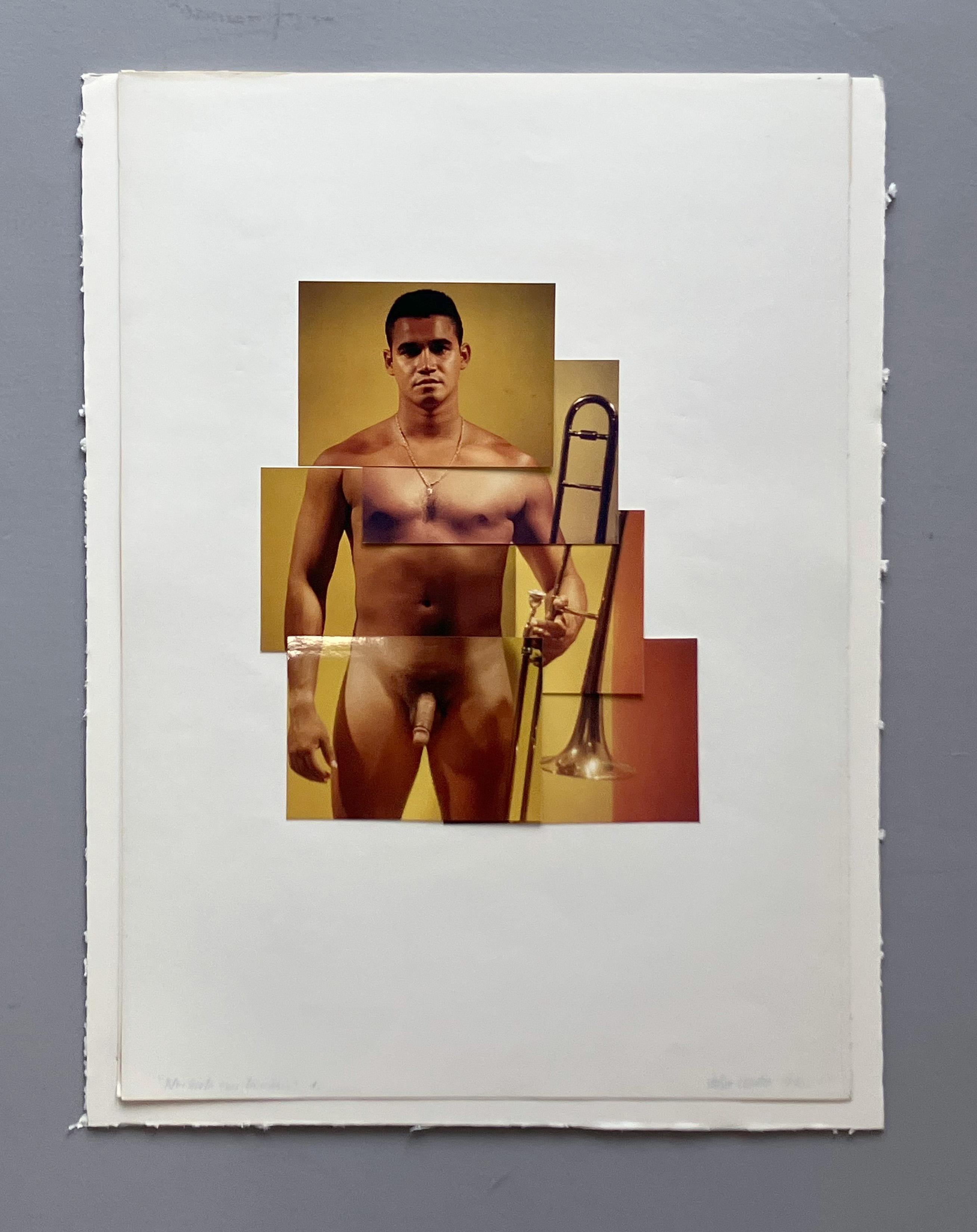 Norberto con Trombón. De la série Guerreros, Collage de photos - Gris Color Photograph par Celso José Castro Daza