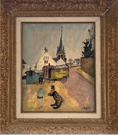 "Fairgoers in front of roulottes", 20th Century Oil on Canvas by Celso Lagar