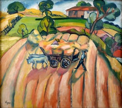 "Hommes travaillant les champs", Early 20th Century Oil on Canvas by Celso Lagar