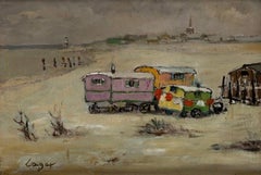"Les Roulottes", 20th Century Oil on Wood Panel by Spanish Artist Celso Lagar
