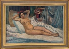 "Nu sur un lit", 20th Century Oil on Canvas by Spanish Artist Celso Lagar