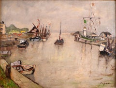 "Port de Honfleur", olio su pannello di Wood del XX secolo dell'artista spagnolo Celso Lagar