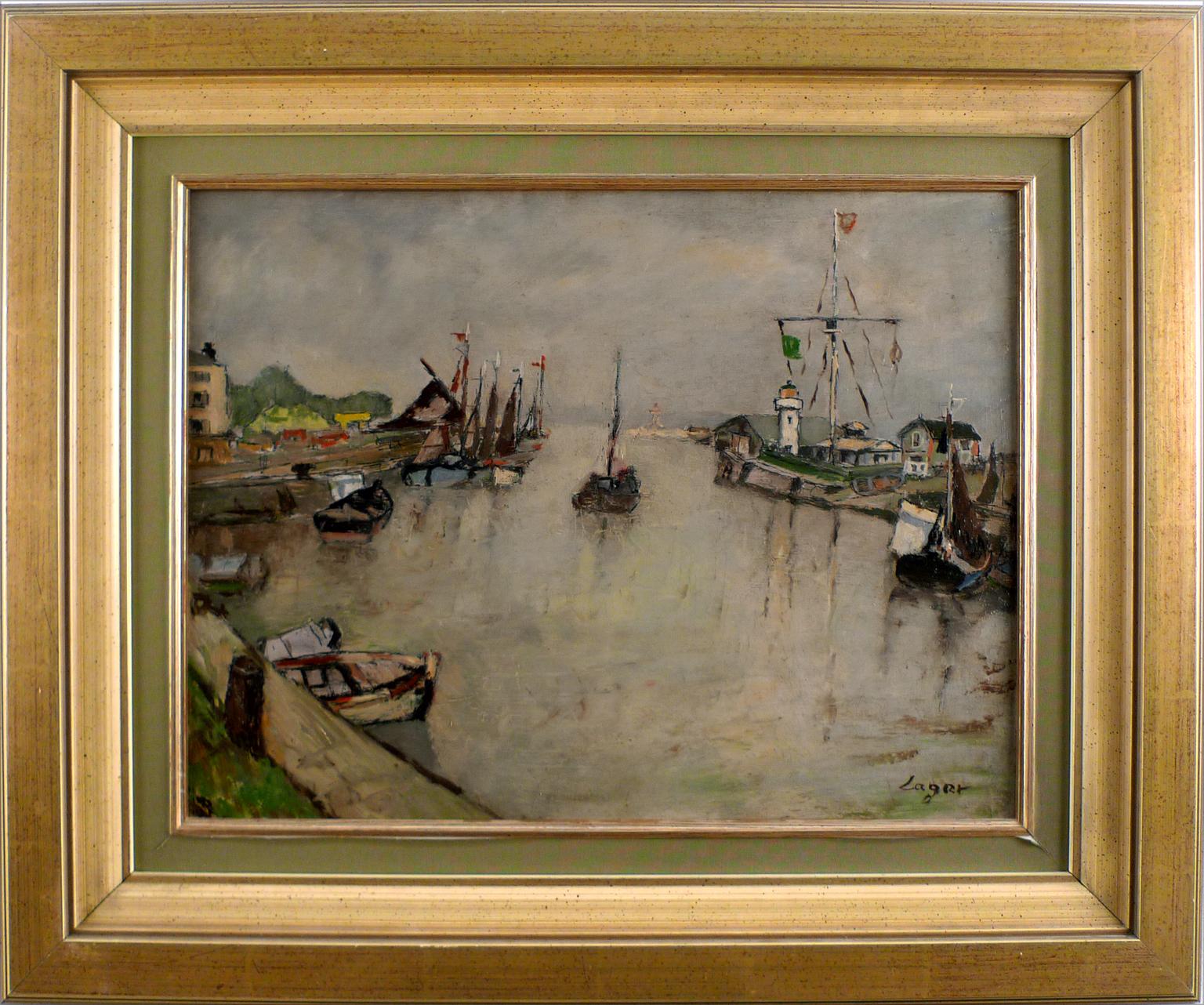 "Port de Honfleur", huile sur panneau de bois du 20e siècle de l'artiste espagnol Celso Lagar