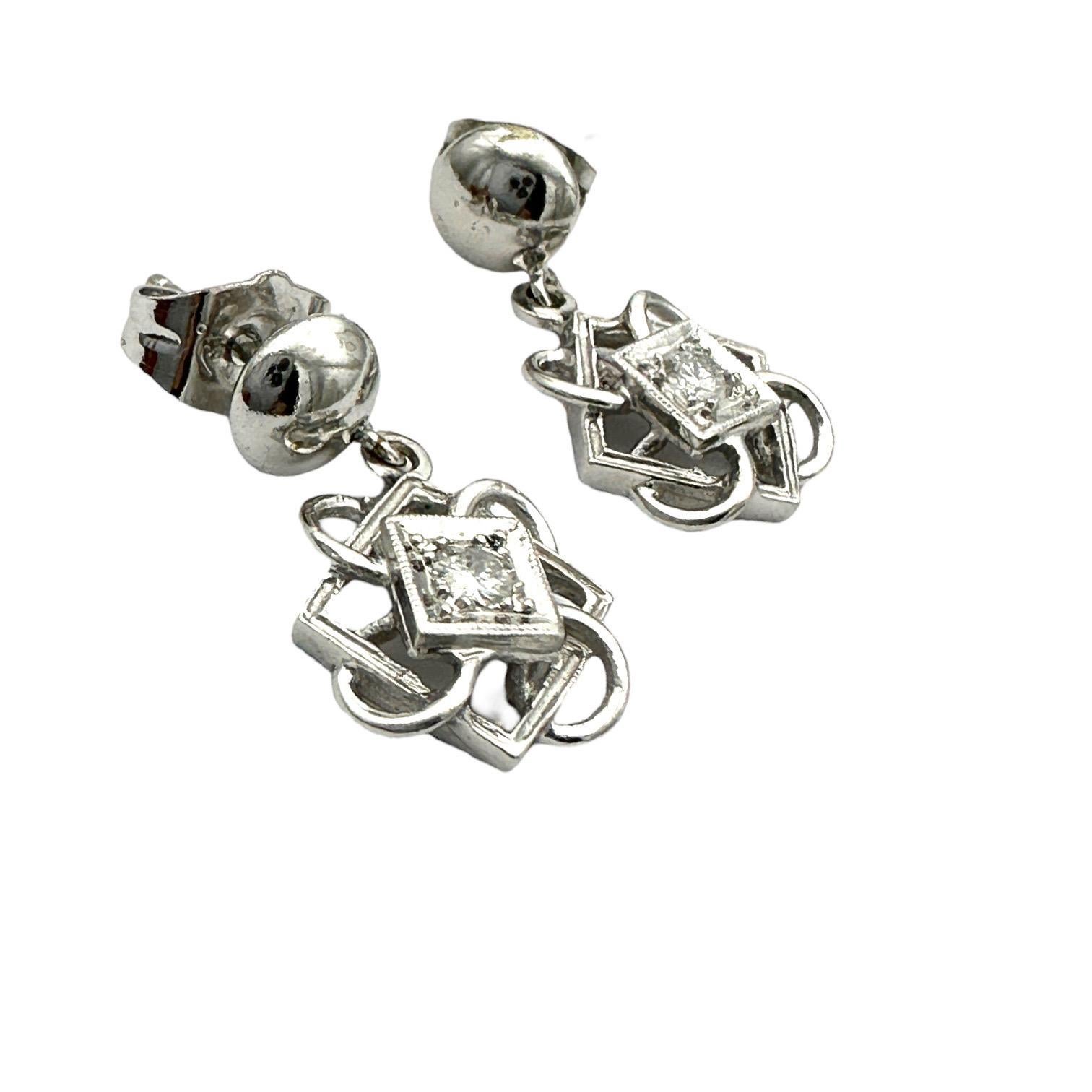 Women's or Men's Celtic .25 Carat Diamond 14k White Gold Dangle Earrings For Sale