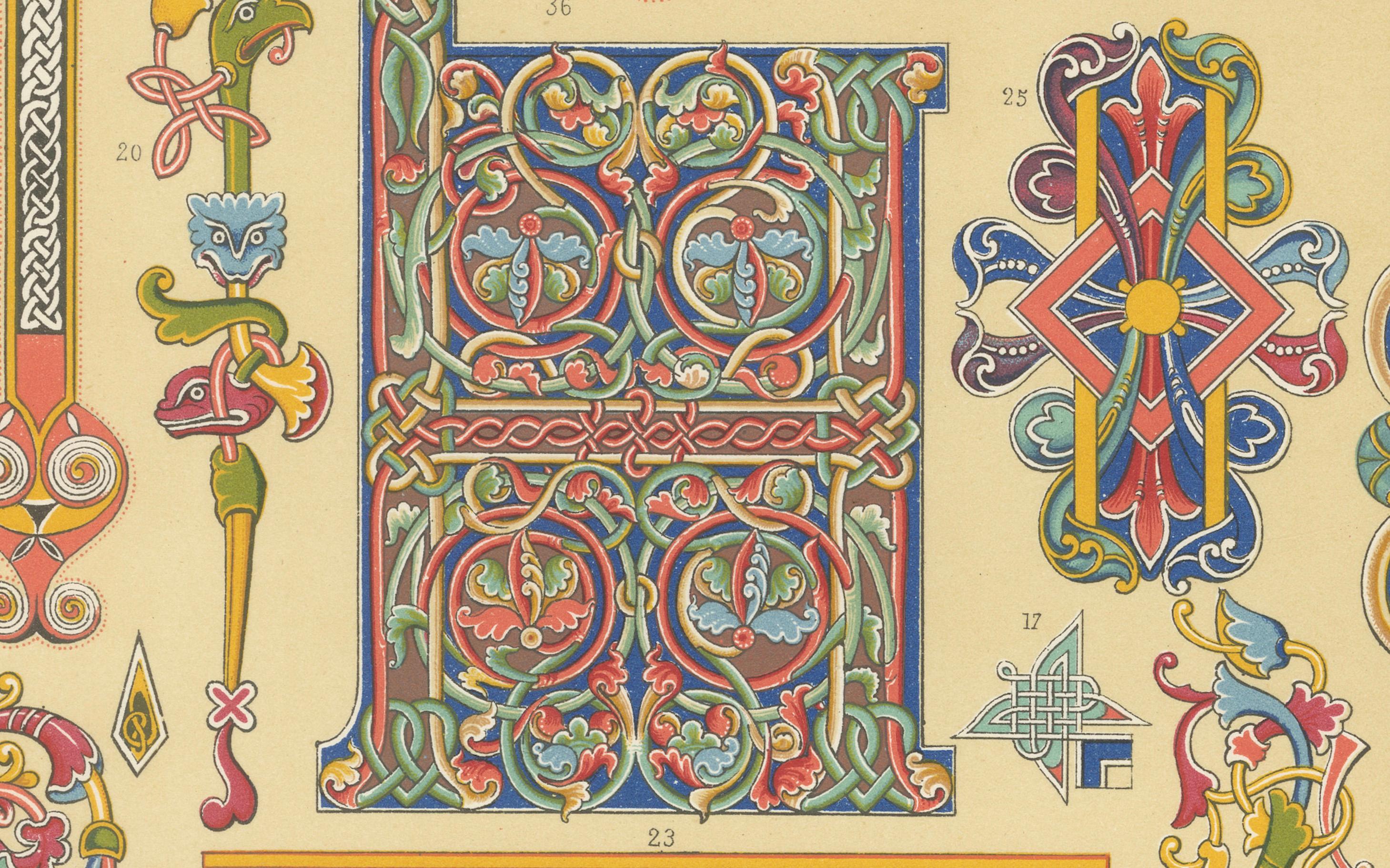 Ornement celtique enluminé - Motifs décoratifs tirés de manuscrits anciens, c.I.C.

Cette planche richement colorée, numérotée XXXIX de L'Ornement Polychrome, présente une compilation exquise de motifs décoratifs celtiques, principalement tirés de