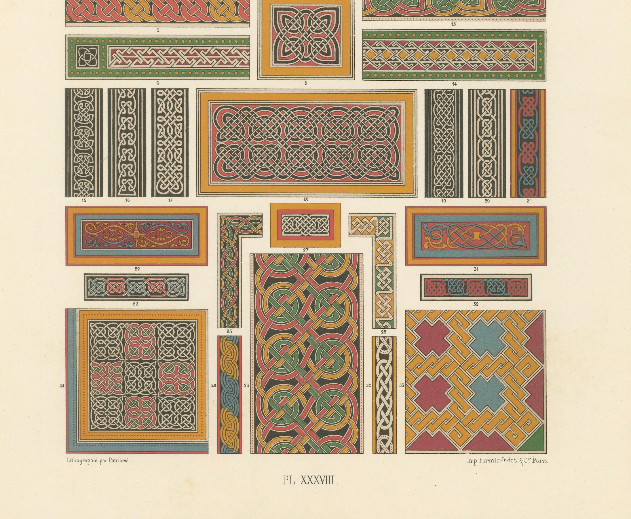 Nœuds et bordures celtiques - Impression ancienne de motifs d'entrelacs, c.1869

Cette étonnante chromolithographie de la planche XXXVIII de L'Ornement Polychrome présente une collection méticuleusement sélectionnée de motifs celtiques, mettant en