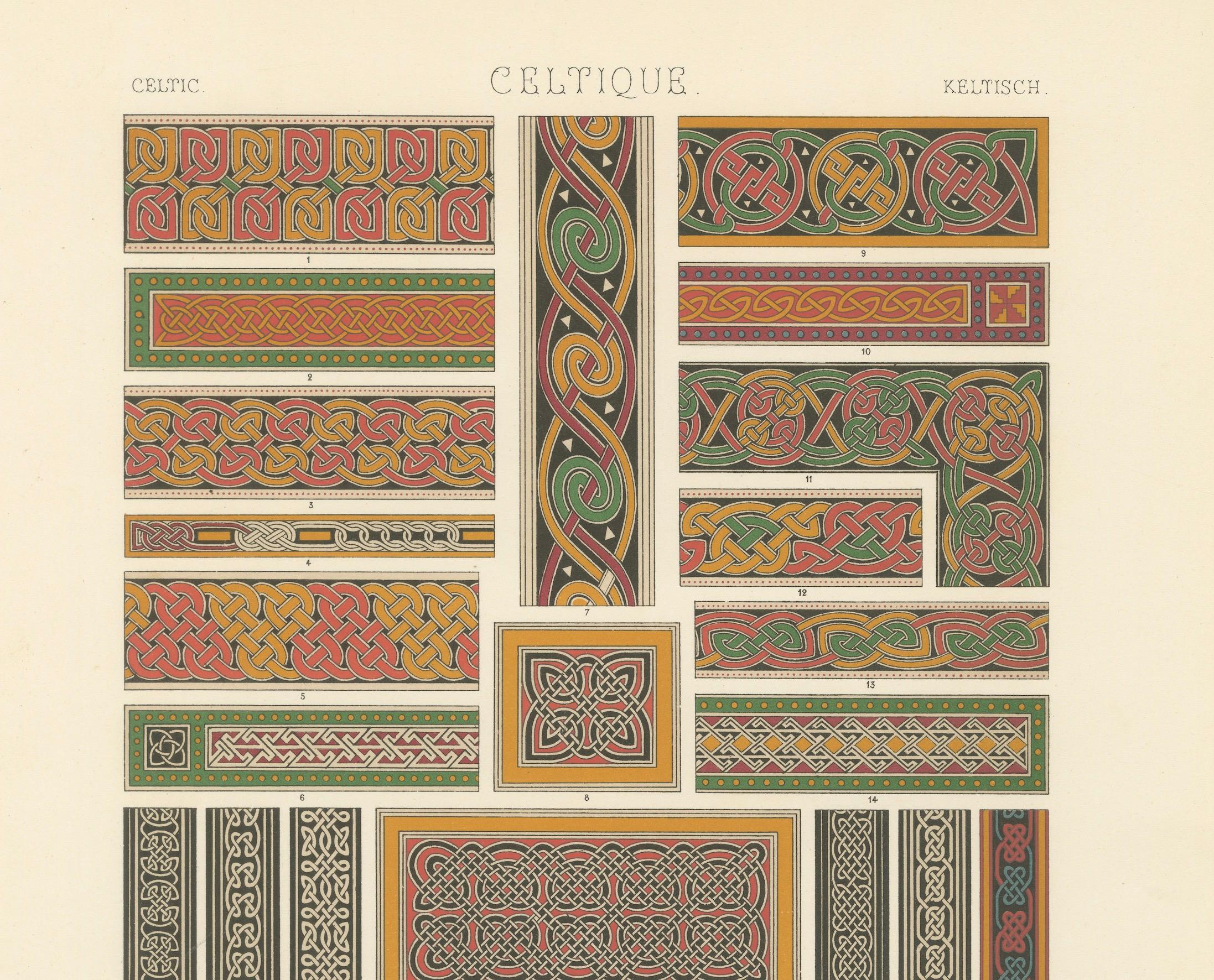 Français Nœuds et bordures celtiques - Impression ancienne de motifs d'entrelacs, c.1869 en vente