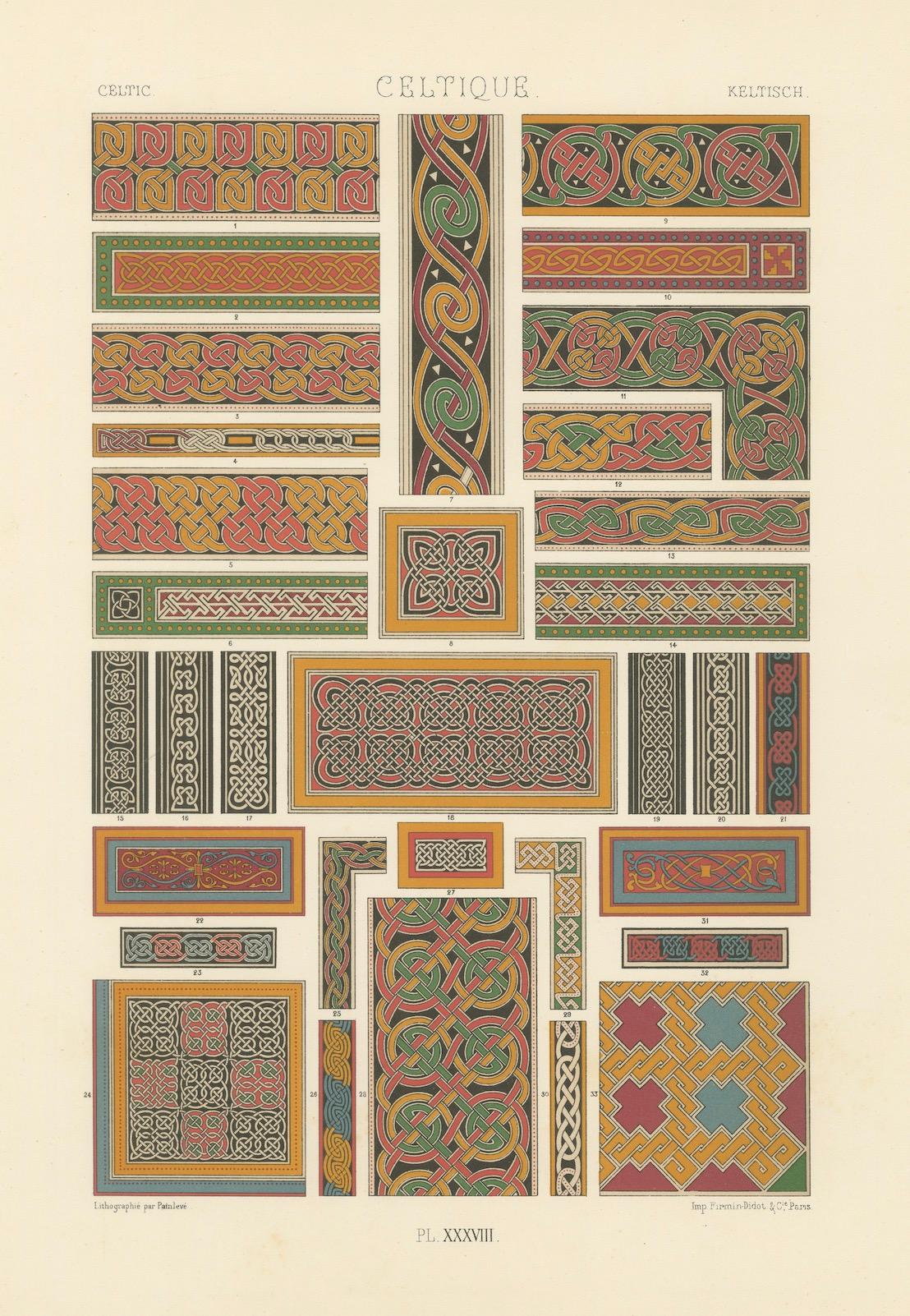 XIXe siècle Nœuds et bordures celtiques - Impression ancienne de motifs d'entrelacs, c.1869 en vente
