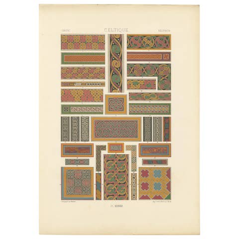Celtic Knotwork and Borders – Antique Print of Interlacing Patterns, c.1869