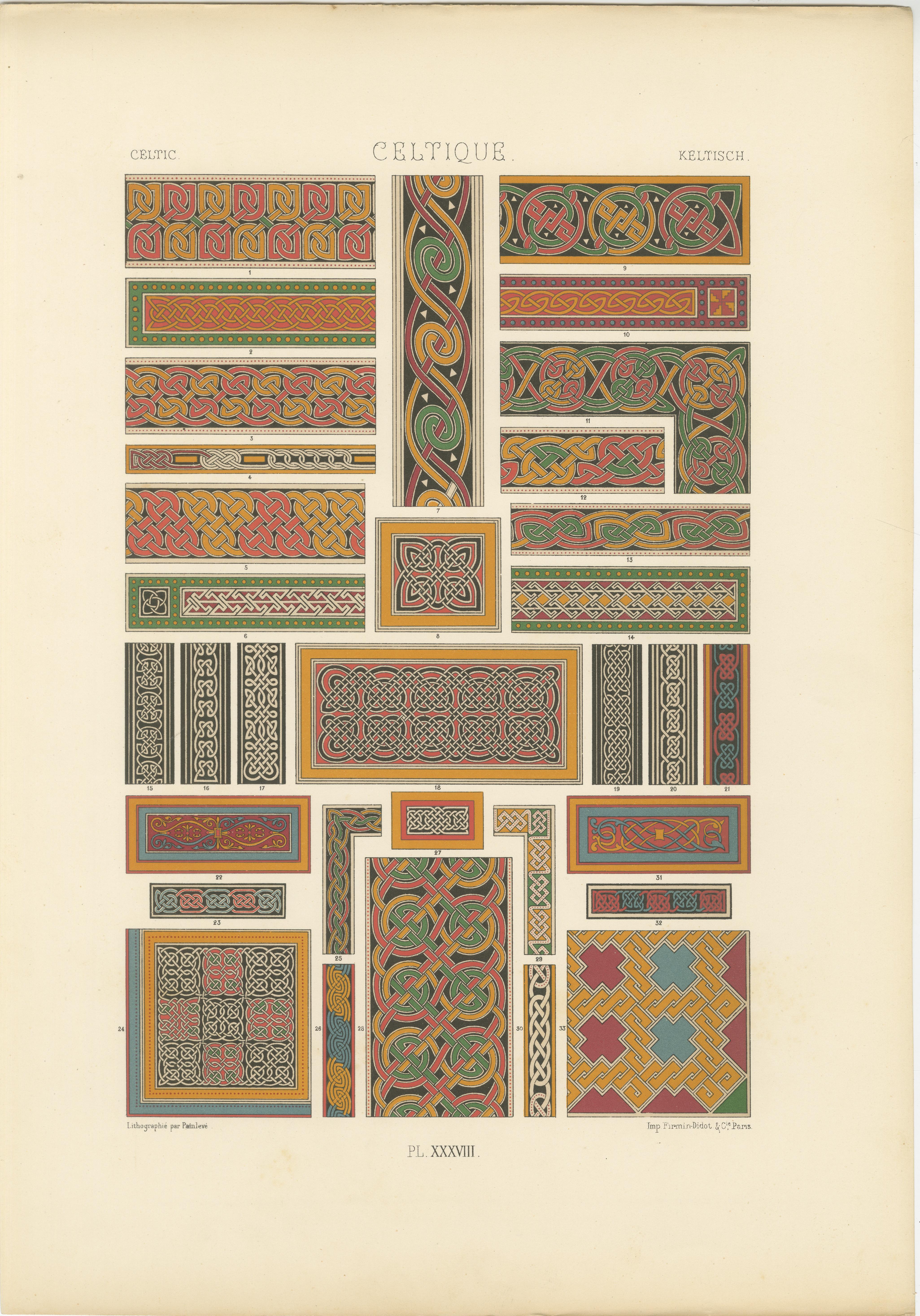 Nœuds et bordures celtiques - Impression ancienne de motifs d'entrelacs, c.1869 en vente