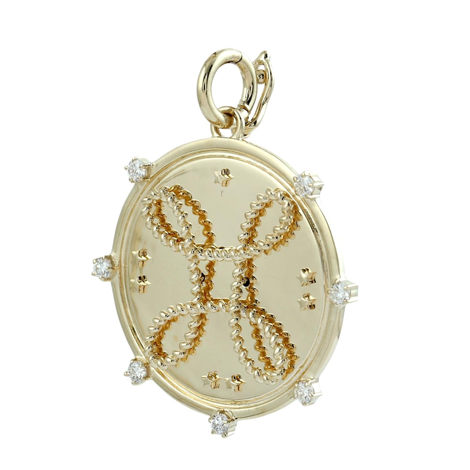 Art Deco Celtic Shield Knot Pendant With Diamonds Made In 14k Yellow Gold For Sale