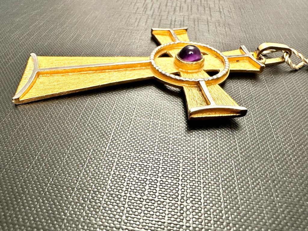 Artisan Celtic Style Gold Plated Silver Vintage Cross with Amethyst For Sale