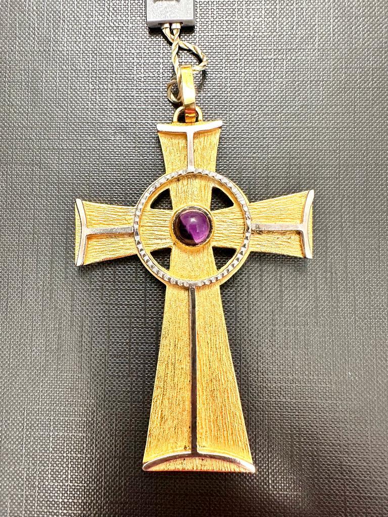 Women's or Men's Celtic Style Gold Plated Silver Vintage Cross with Amethyst For Sale