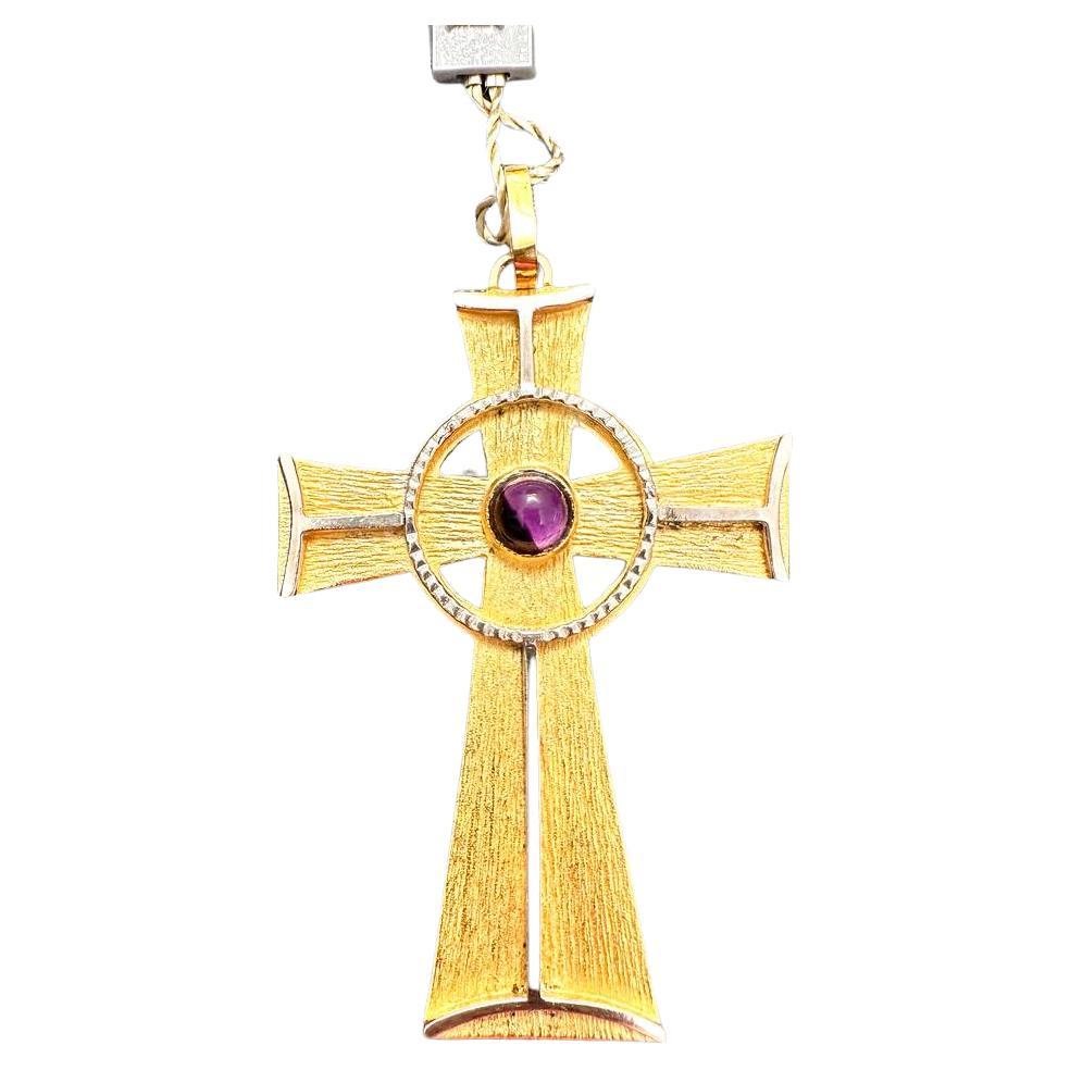 Celtic Style Gold Plated Silver Vintage Cross with Amethyst For Sale