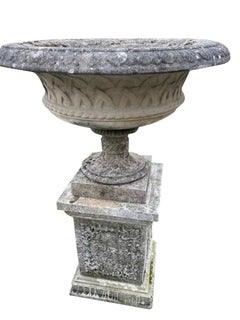 Celtic Weave Pair of Stone Garden Urns on Plinths, England, 1930s