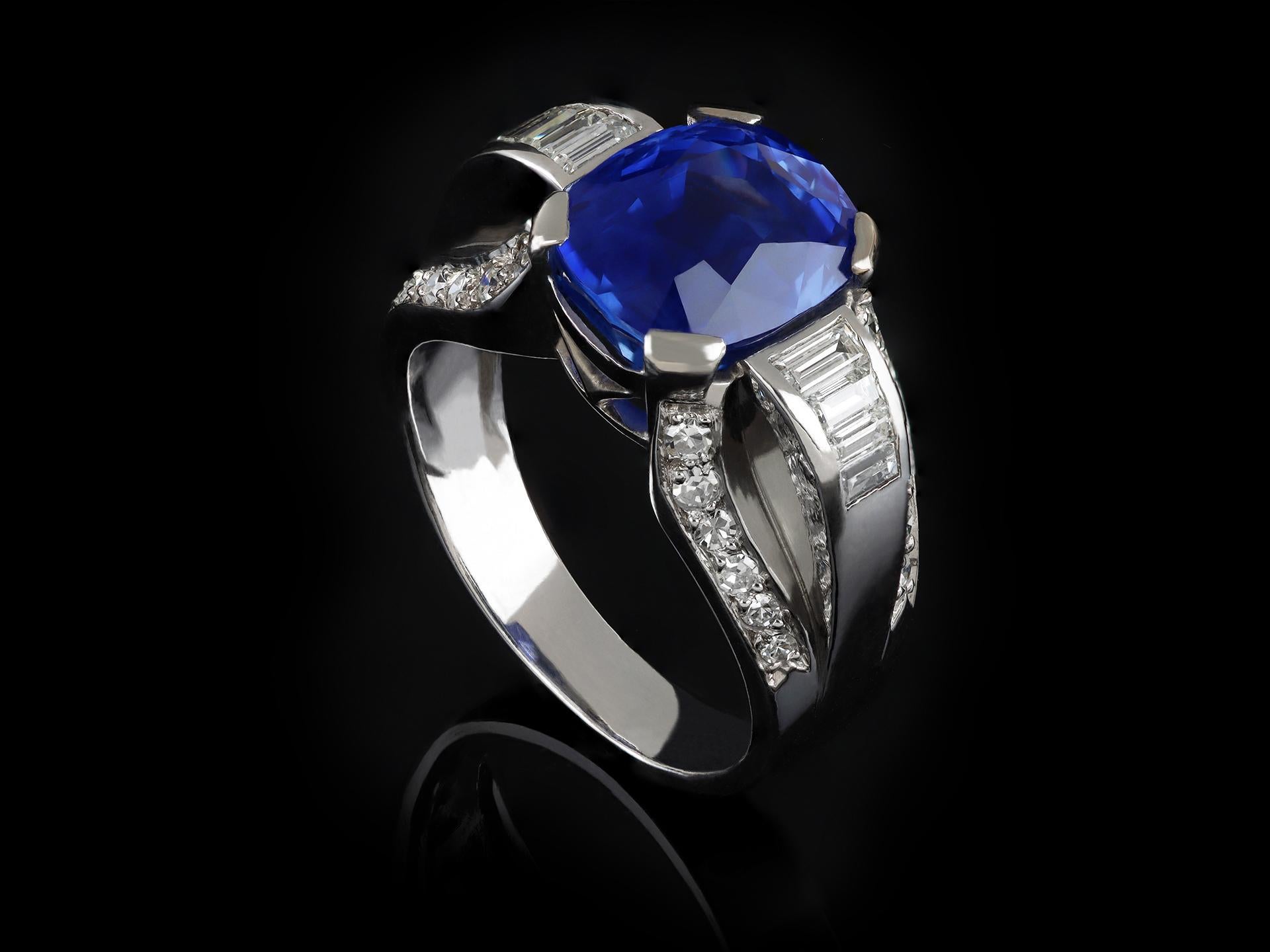 Cushion Cut Celyon Sapphire and Diamond Ring, French, circa 1930. For Sale