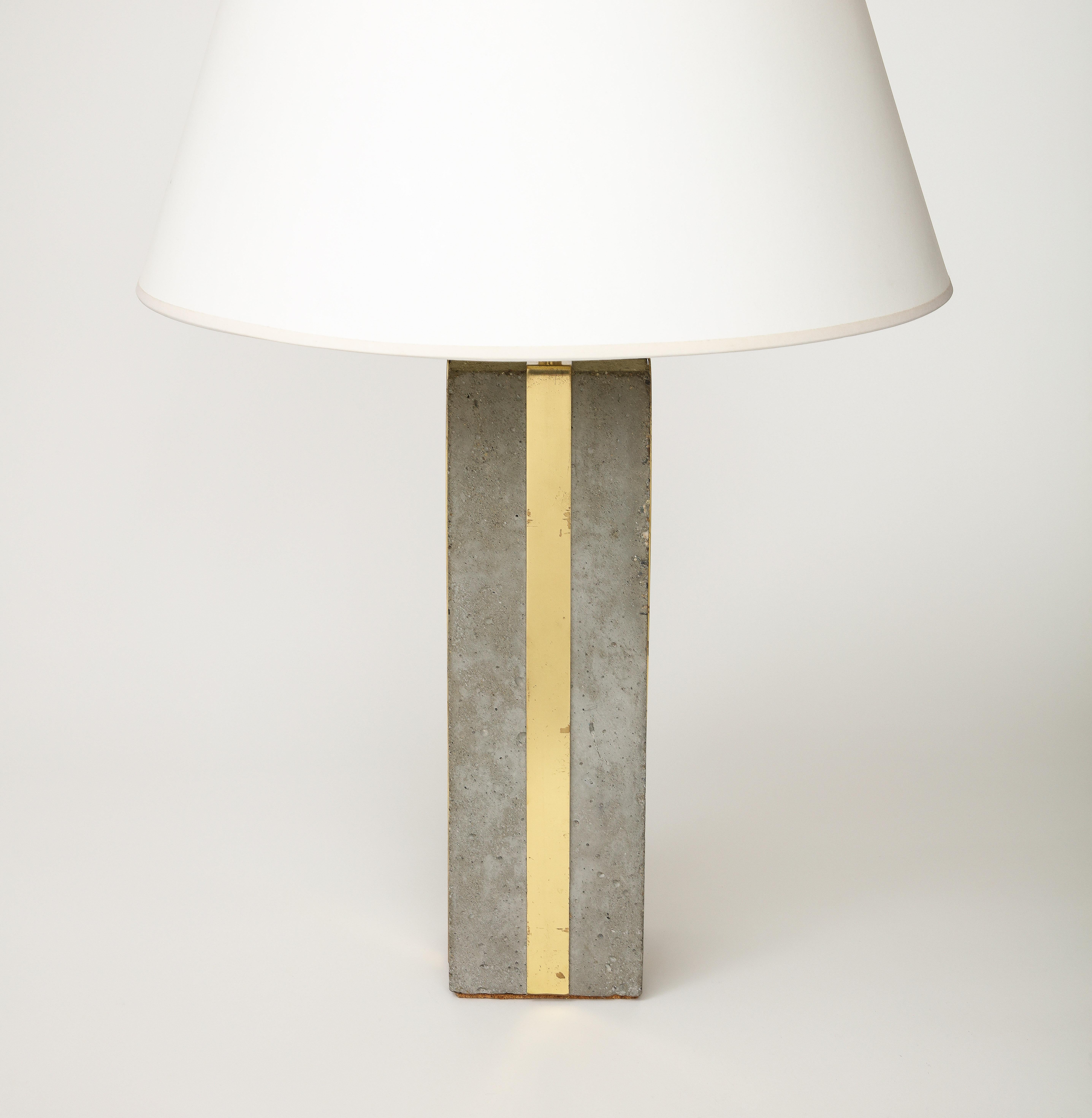 Brutalist Cement and Patinated Brass Table Lamp, United States, c. 1980 For Sale