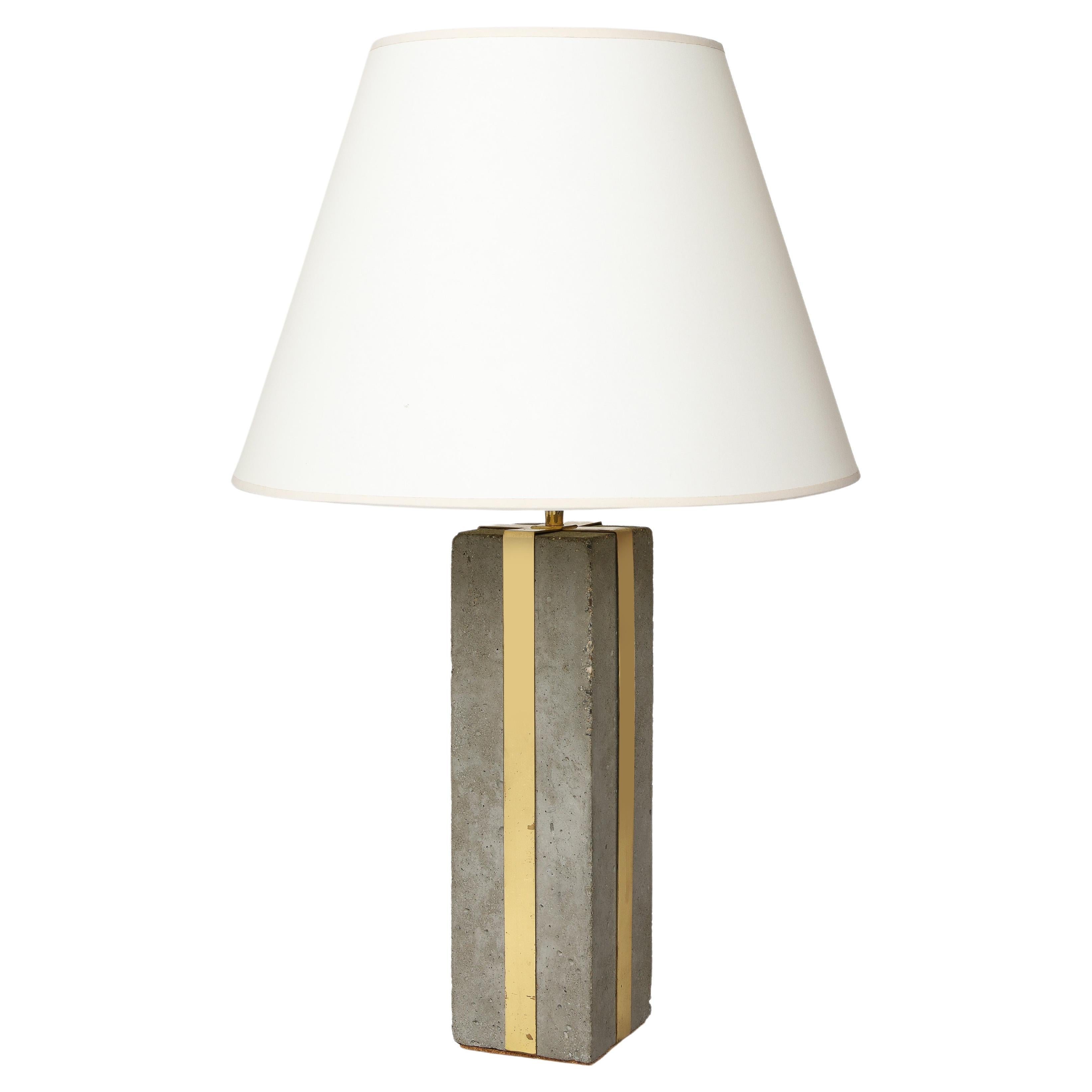 Cement and Patinated Brass Table Lamp, United States, c. 1980 For Sale