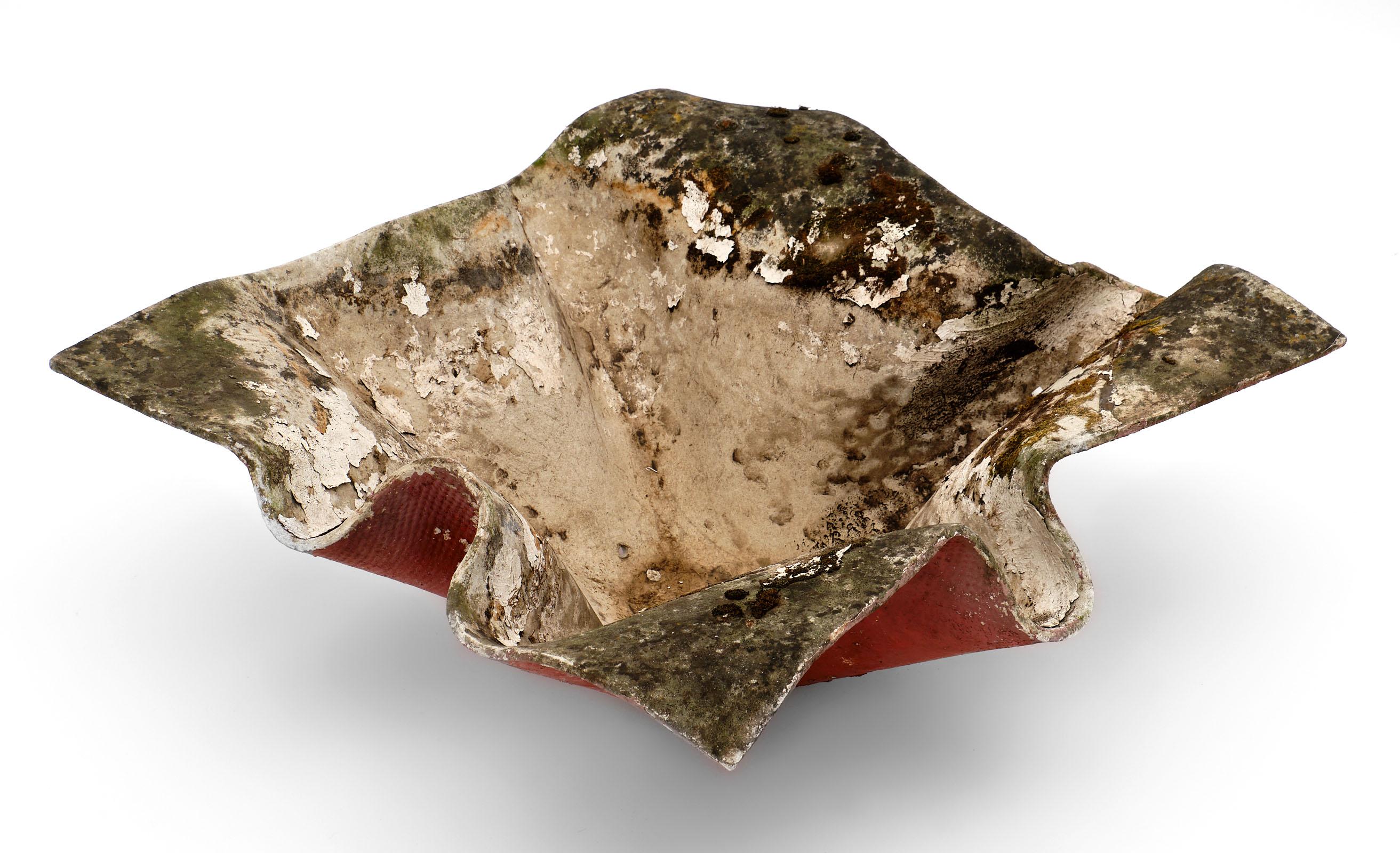 Willy Guhl cement elephant ear jardinière with original red paint and beautiful patina.