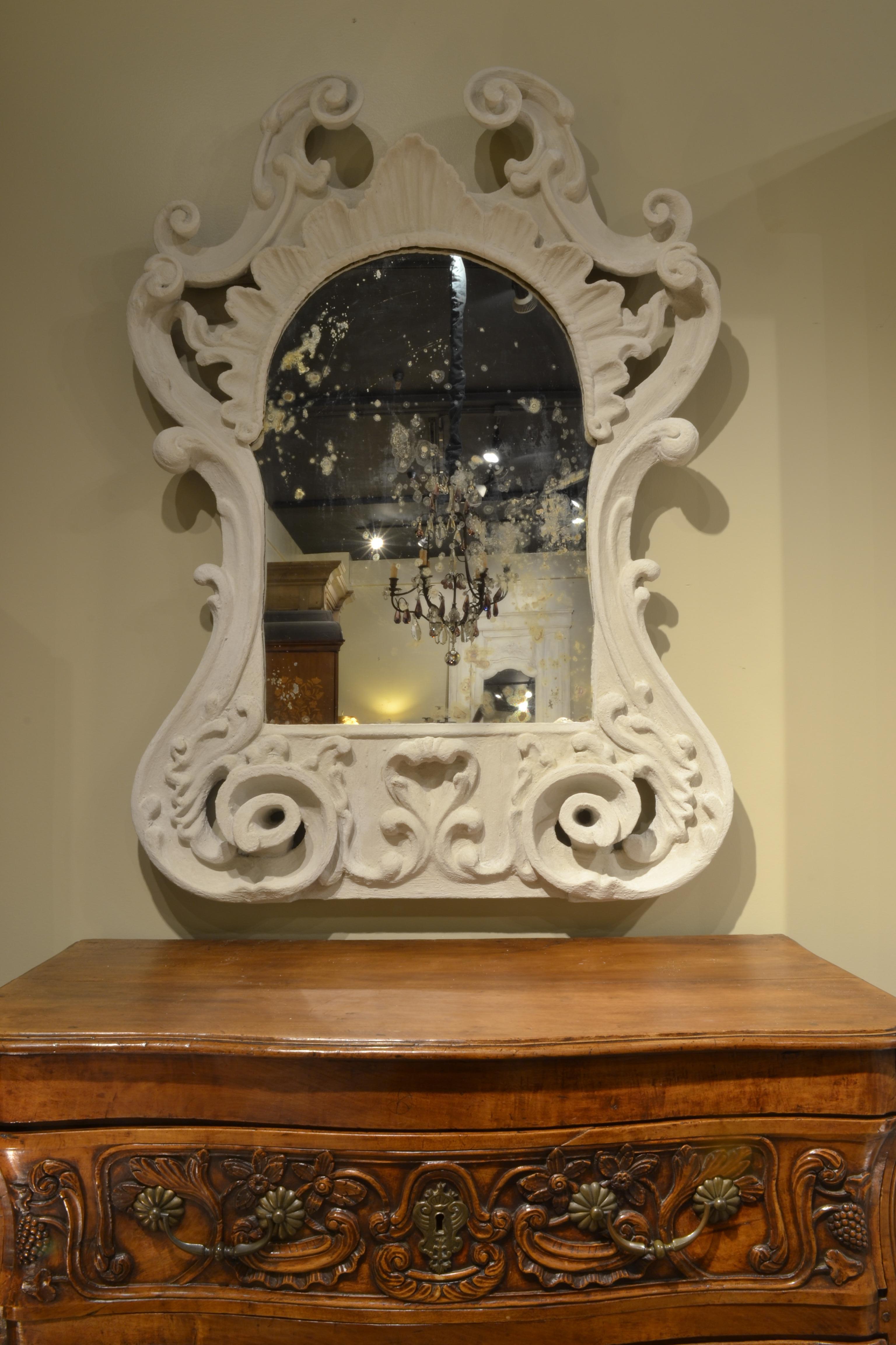 Cement Encrusted Italian Carved 19th Century Antique Mirror For Sale 1