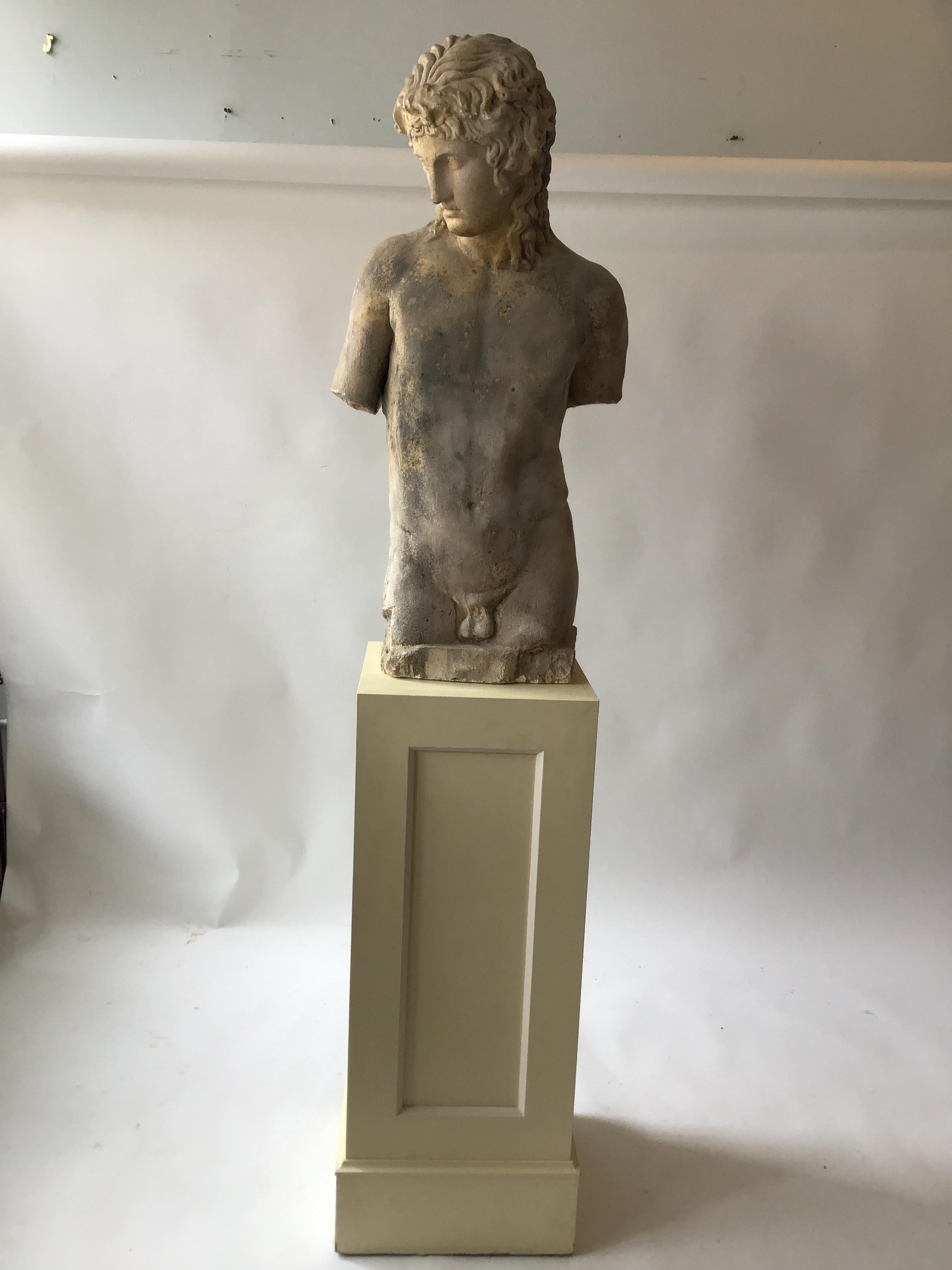 Cement Figure of Roman Male on Wood Pedestal In Good Condition In Tarrytown, NY