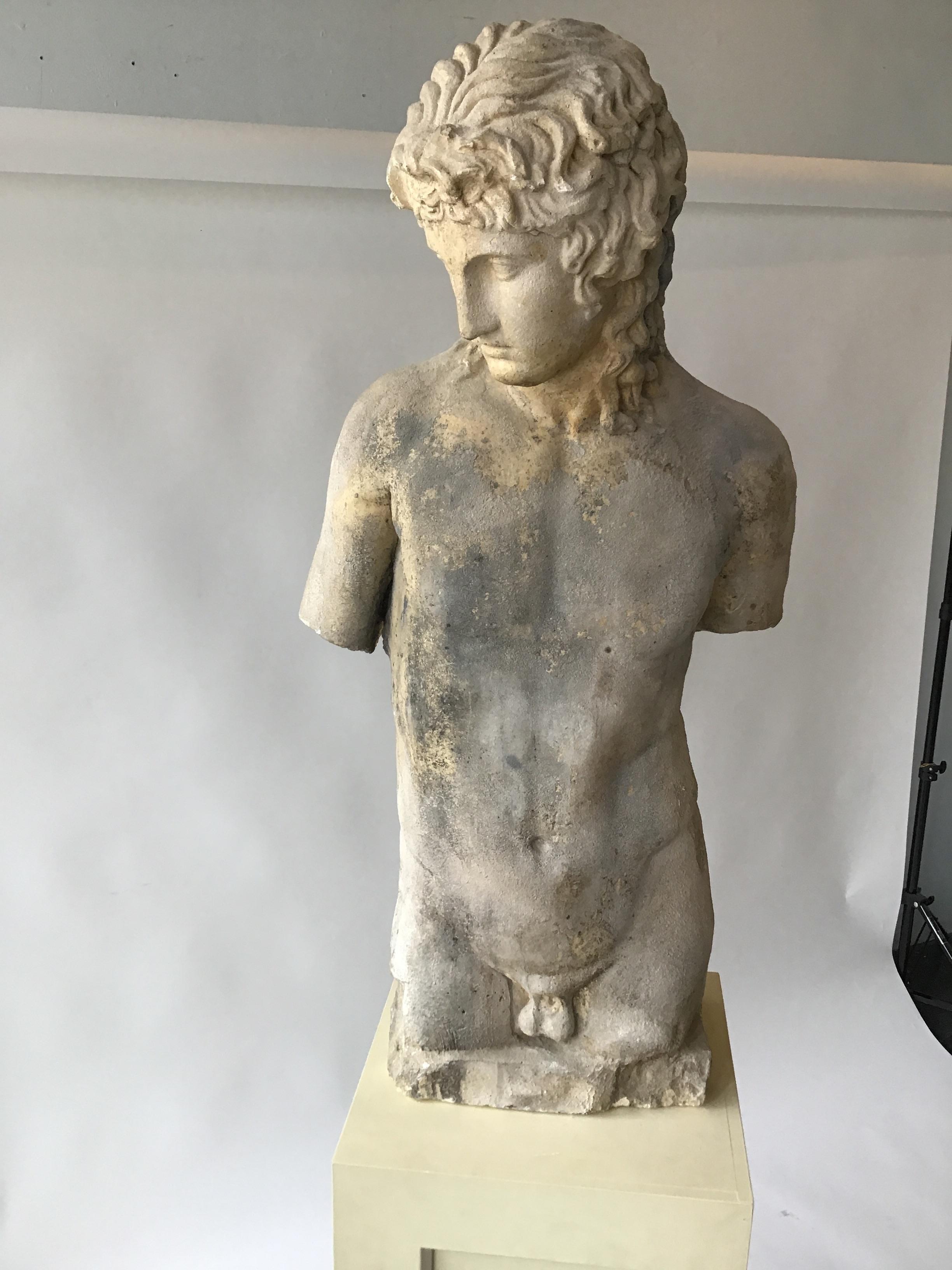 Late 20th Century Cement Figure of Roman Male on Wood Pedestal