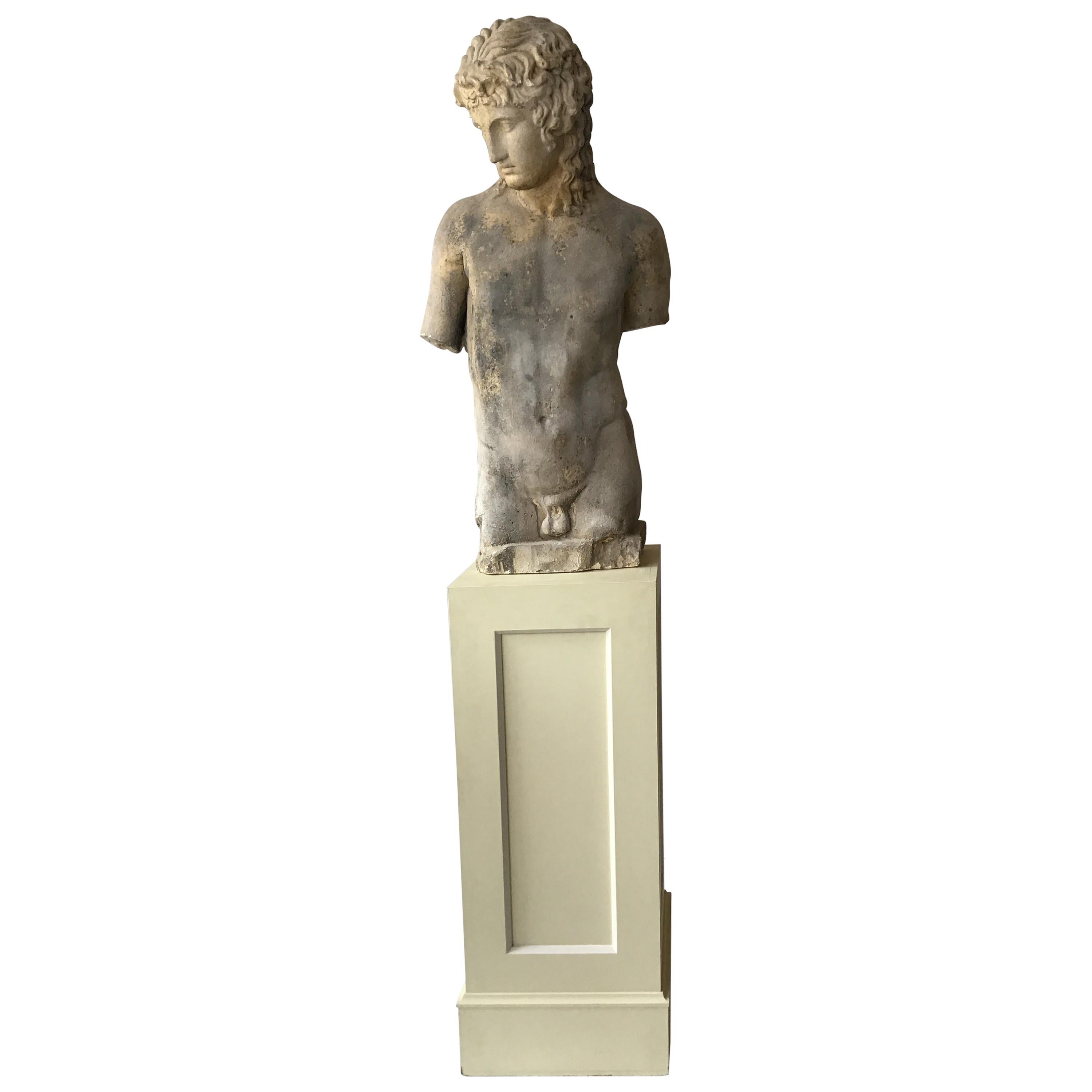 Cement Figure of Roman Male on Wood Pedestal
