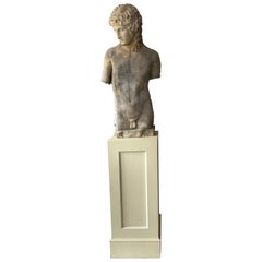 Vintage Cement Figure of Roman Male on Wood Pedestal