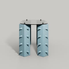 “Cena” Contemporary Desk, Sky-Blue Wood, Stainless Steel & Glass, by DONÓ Design