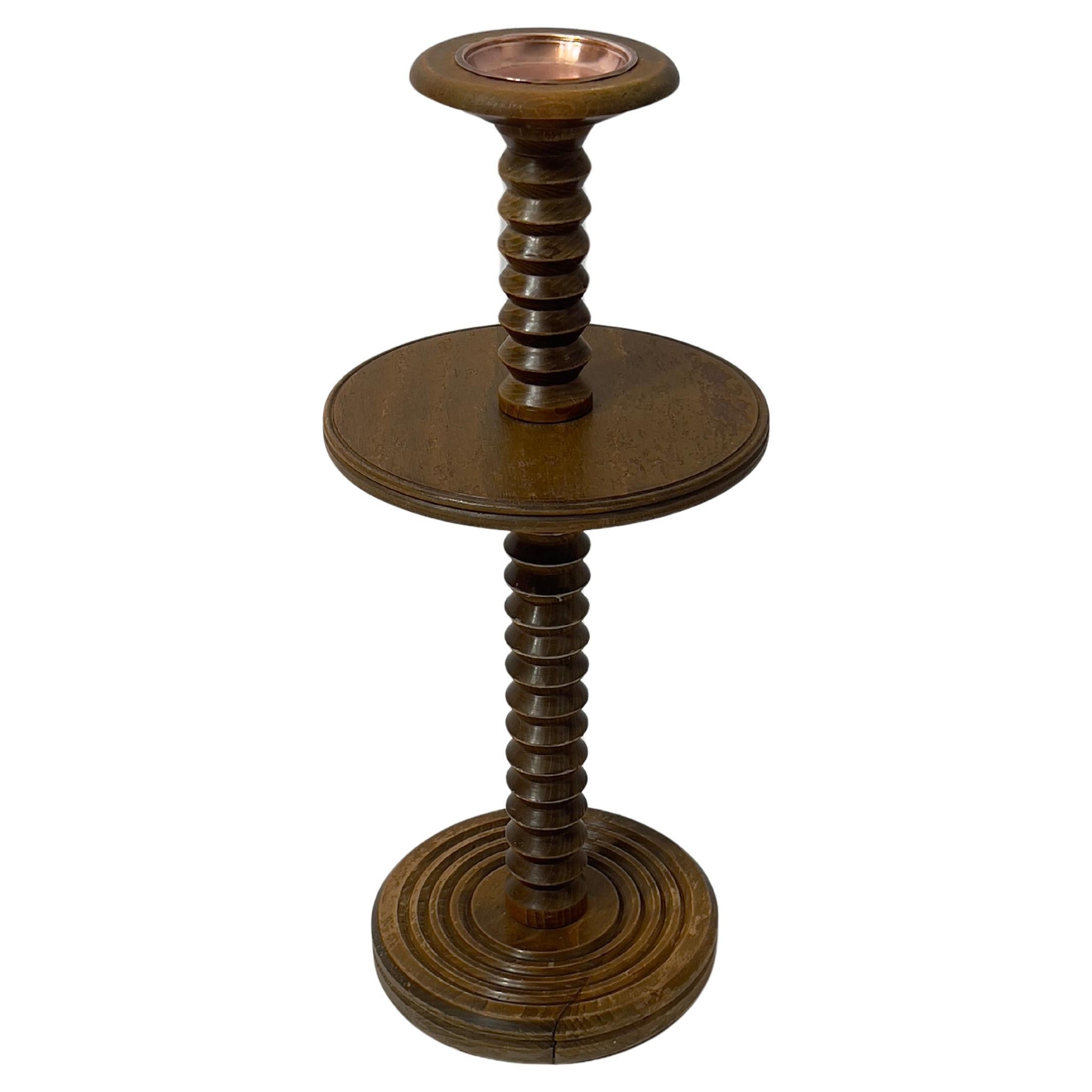 Cendrier sur pied, chêne et cuivre, Charles Dudouyt style, France, 1950 For Sale