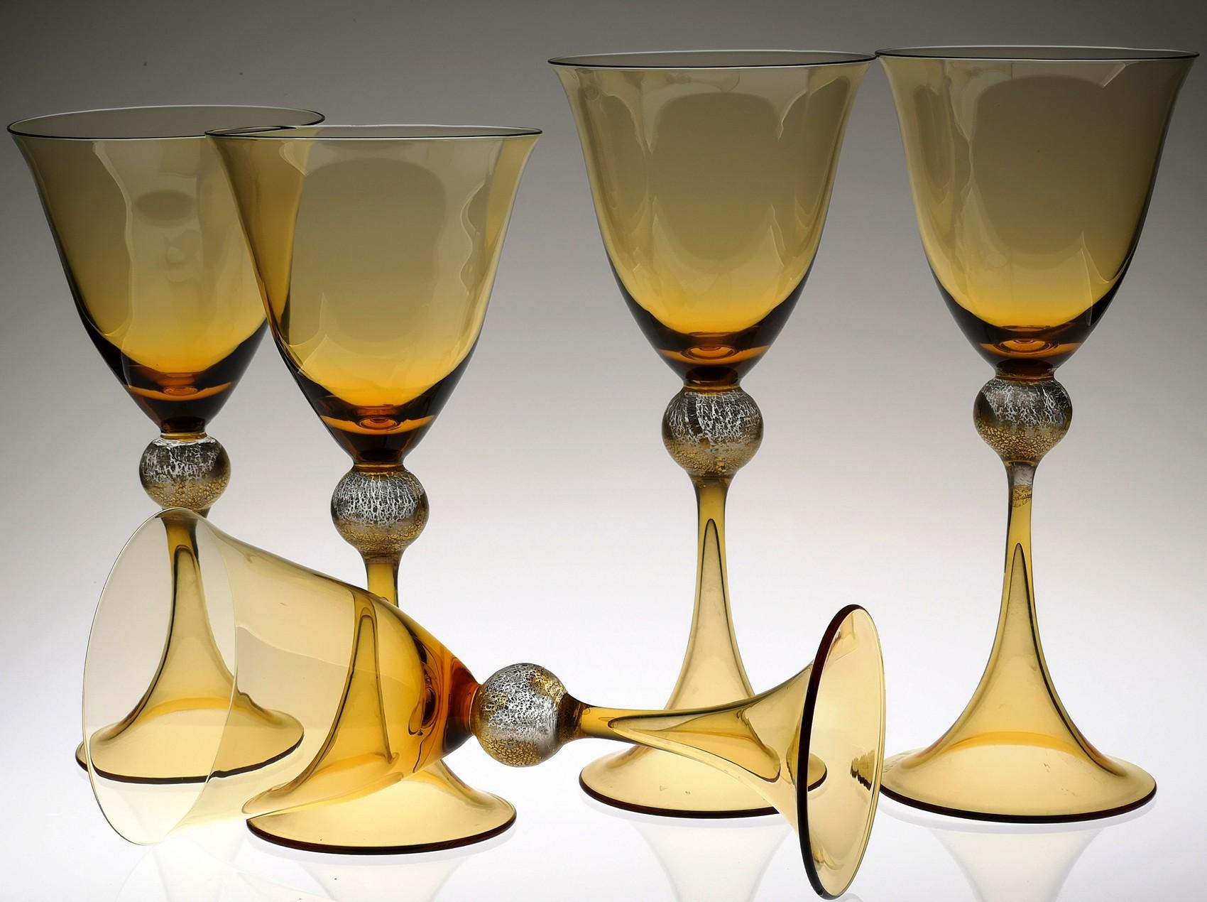 Cenedese 12 Stemmed Glasses 6 Wine 6 Water Murano Amber Gold Leaf, Signed Label 2