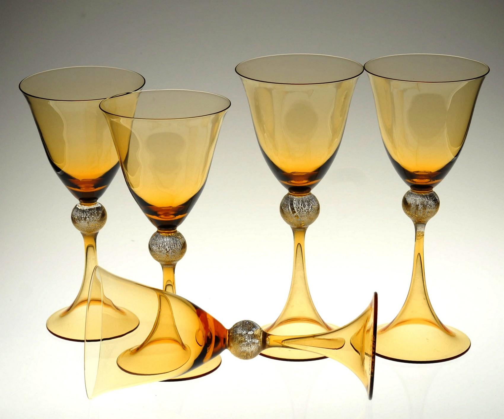 Cenedese 12 Stemmed Glasses 6 Wine 6 Water Murano Amber Gold Leaf, Signed Label 4
