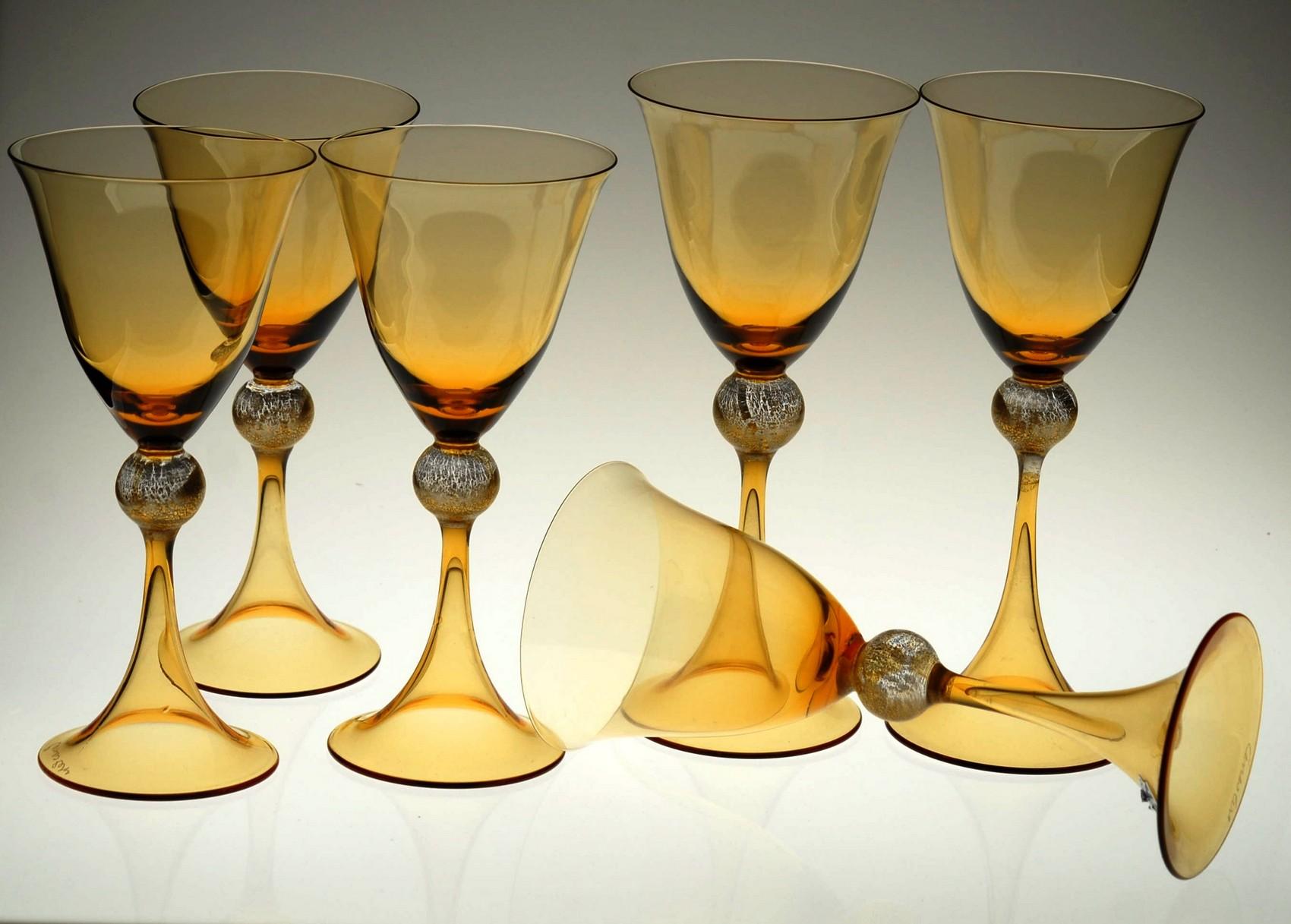 Cenedese 12 Stemmed Glasses 6 Wine 6 Water Murano Amber Gold Leaf, Signed Label 6