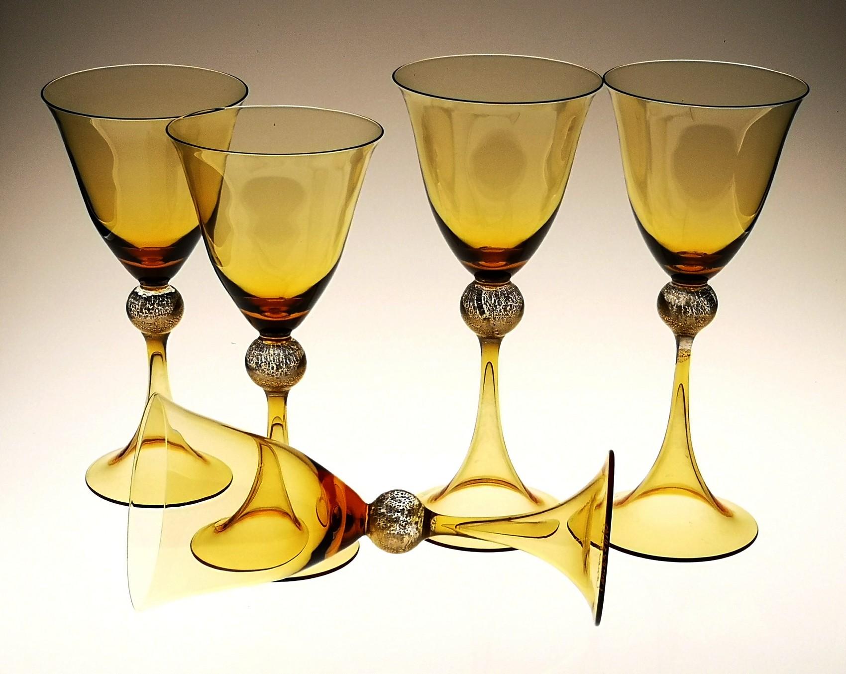 Cenedese 12 Stemmed Glasses 6 Wine 6 Water Murano Amber Gold Leaf, Signed Label 7
