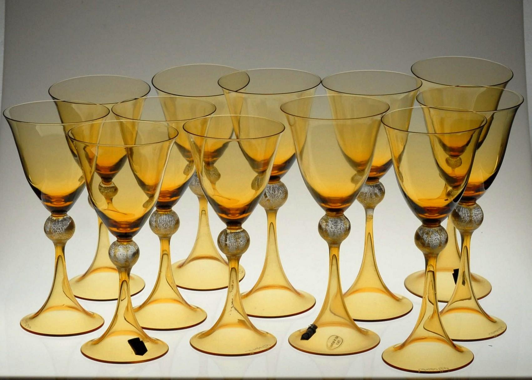 Mid-Century Modern Cenedese 12 Stemmed Glasses 6 Wine 6 Water Murano Amber Gold Leaf, Signed Label
