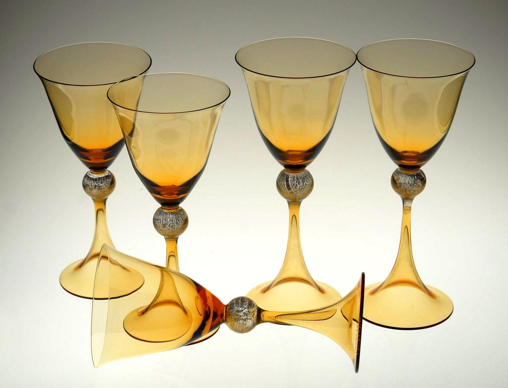 20th Century Cenedese 12 Stemmed Glasses 6 Wine 6 Water Murano Amber Gold Leaf, Signed Label
