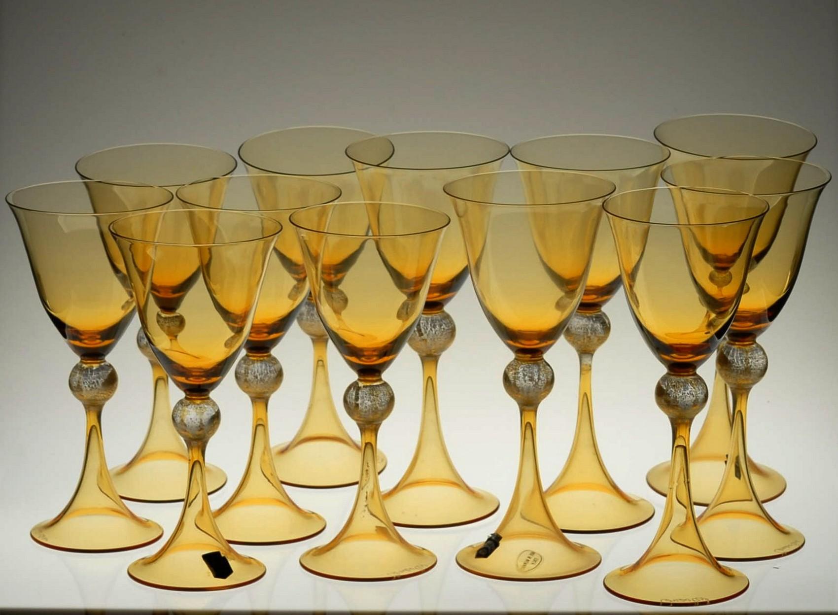 Art Glass Cenedese 12 Stemmed Glasses 6 Wine 6 Water Murano Amber Gold Leaf, Signed Label